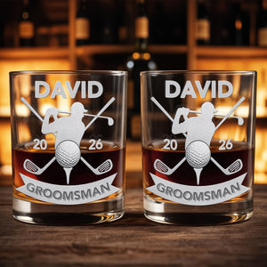 Groomsman Personalized Golf Clubs And Golfer Silhouette - Personalized Custom Whiskey Glass - WEDD022_RWG