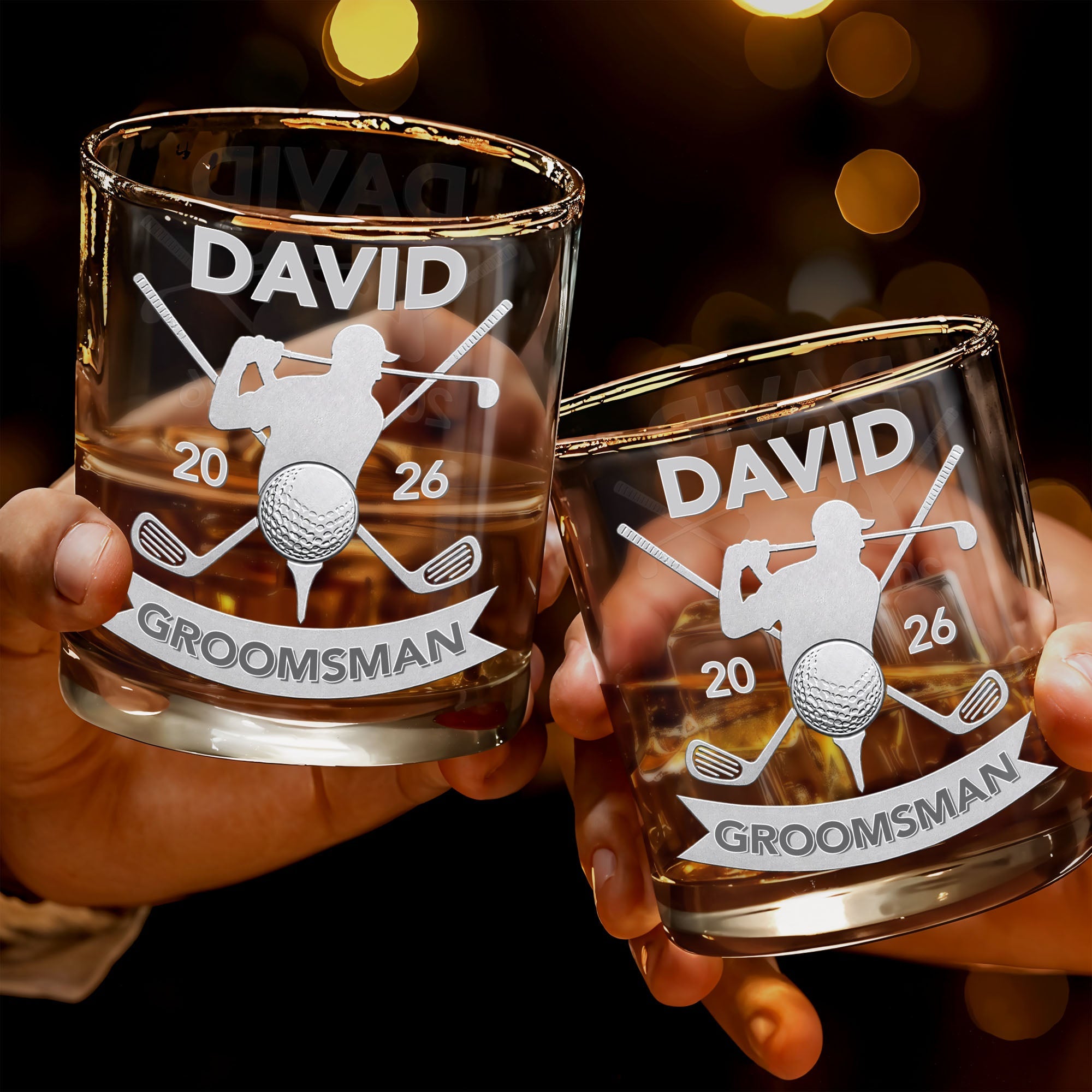 Groomsman Personalized Golf Clubs And Golfer Silhouette - Personalized Custom Whiskey Glass - WEDD022_RWG