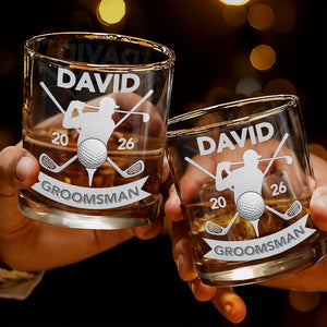 Groomsman Personalized Golf Clubs And Golfer Silhouette - Personalized Custom Whiskey Glass - WEDD022_RWG