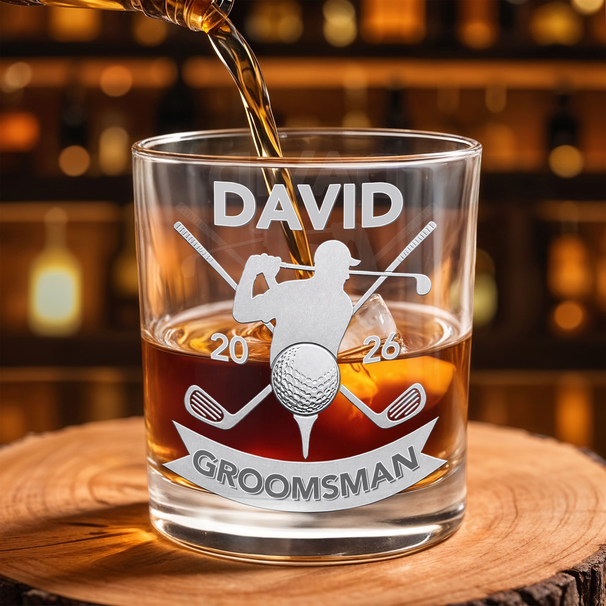 Groomsman Personalized Golf Clubs And Golfer Silhouette - Personalized Custom Whiskey Glass - WEDD022_RWG