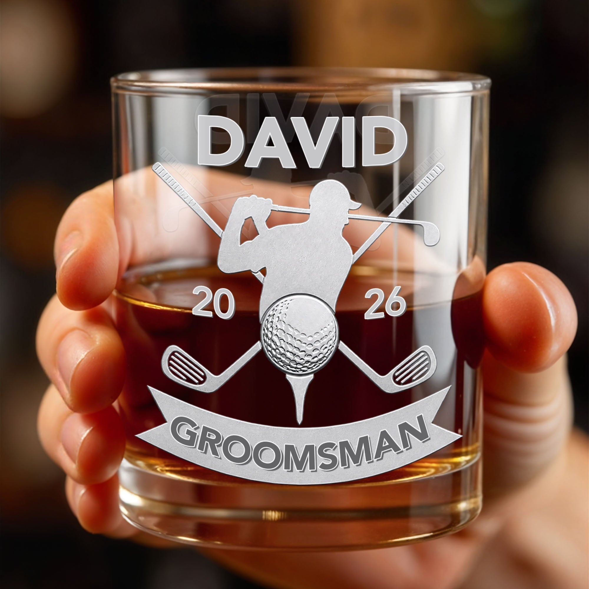 Groomsman Personalized Golf Clubs And Golfer Silhouette - Personalized Custom Whiskey Glass - WEDD022_RWG