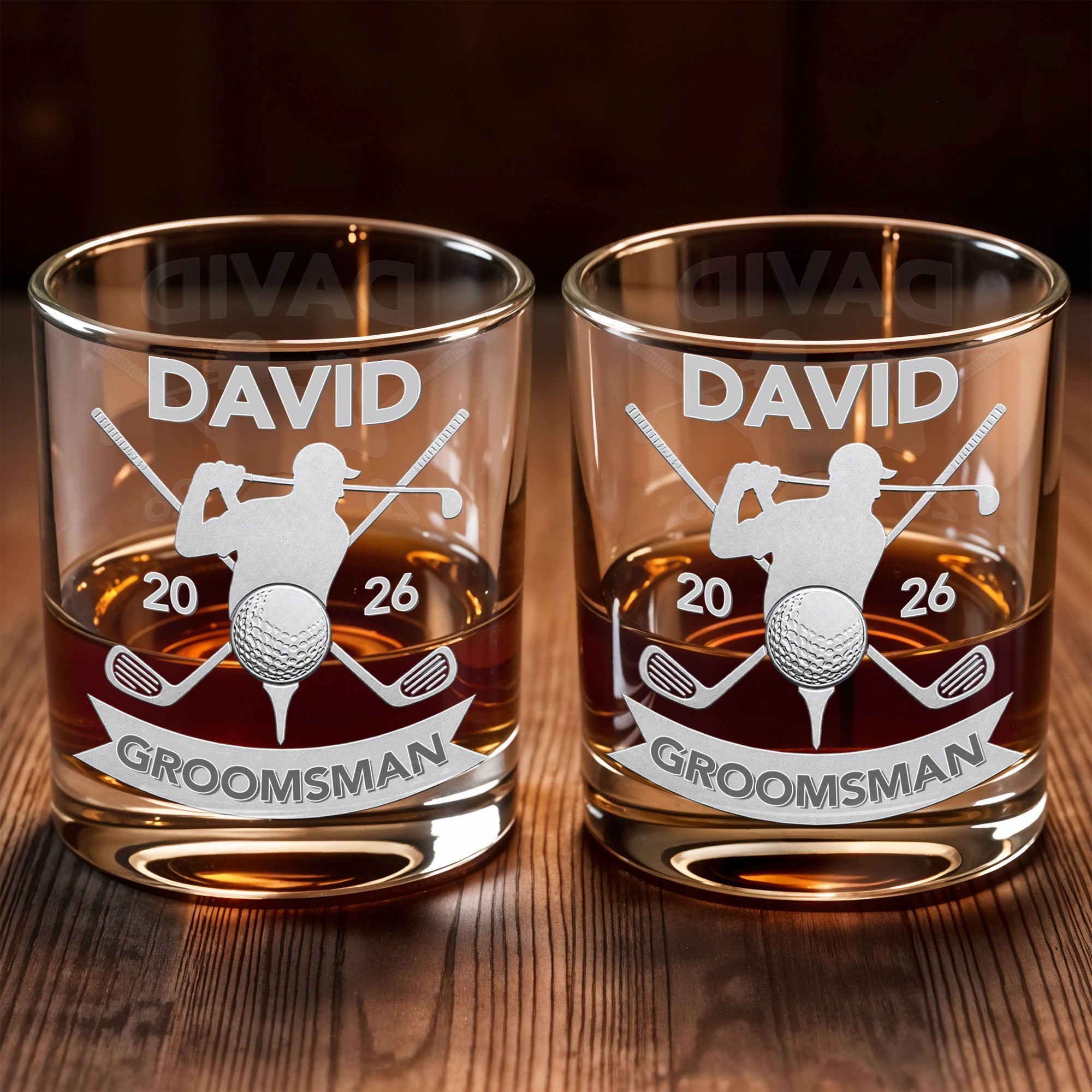 Groomsman Personalized Golf Clubs And Golfer Silhouette - Personalized Custom Whiskey Glass - WEDD022_RWG
