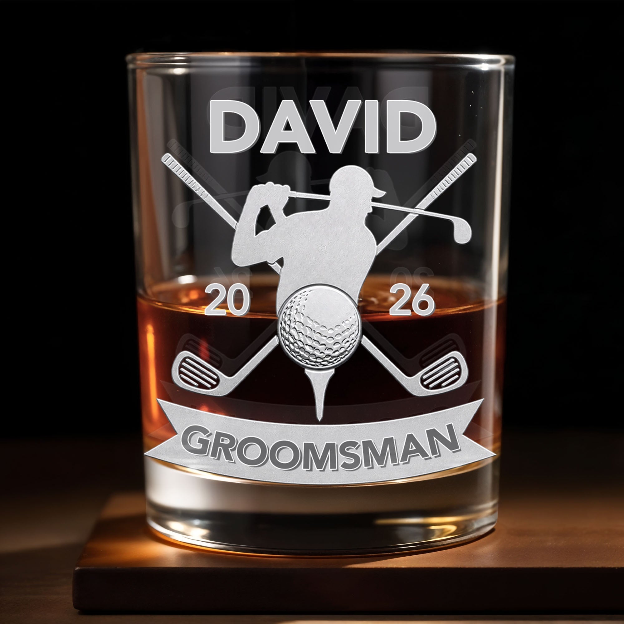Groomsman Personalized Golf Clubs And Golfer Silhouette - Personalized Custom Whiskey Glass - WEDD022_RWG