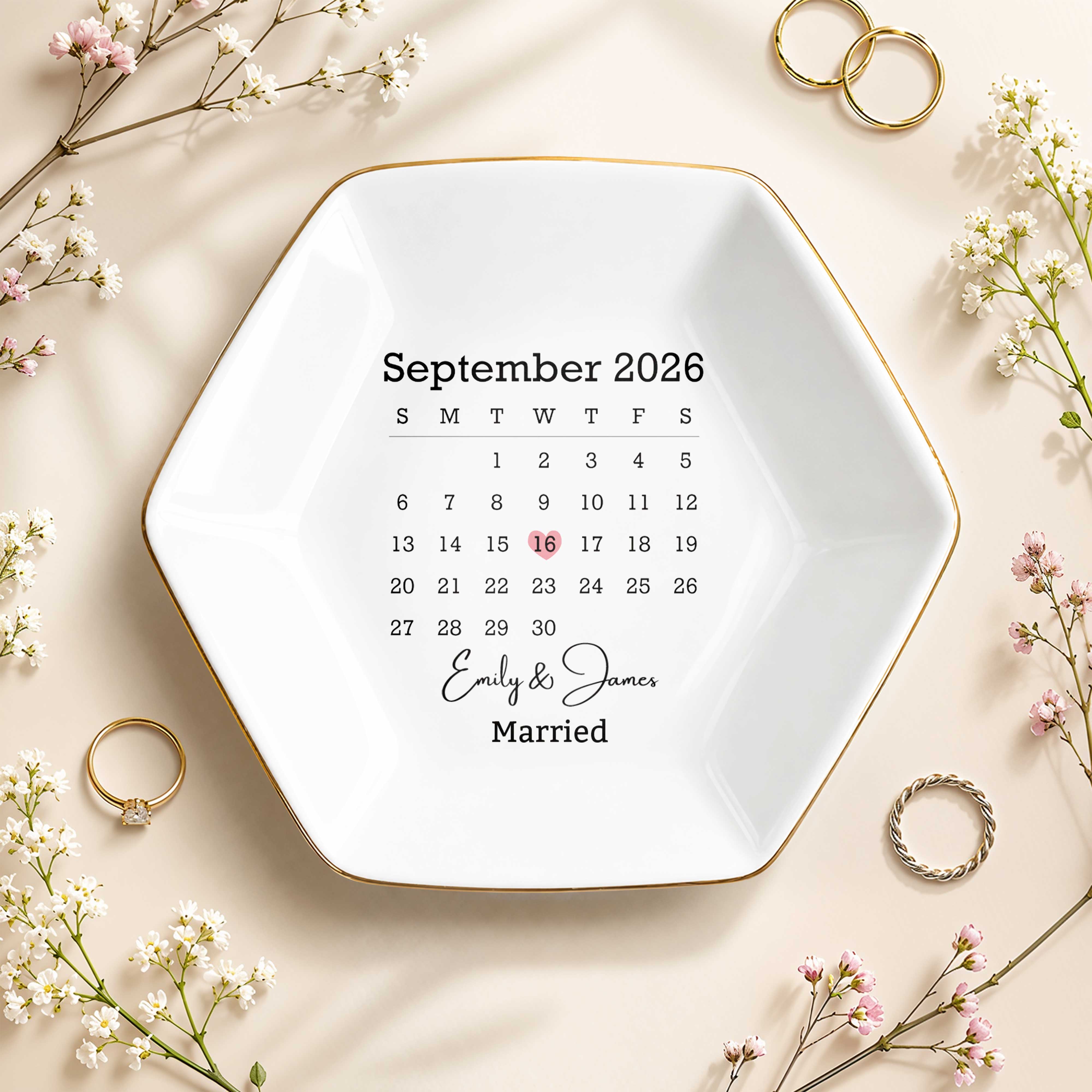 Married Custom Calendar And Heart Save The Date - Personalized Custom Jewelry Dish, Ceramic Dish, Hexagonal Shape - WEDD023_HECRD