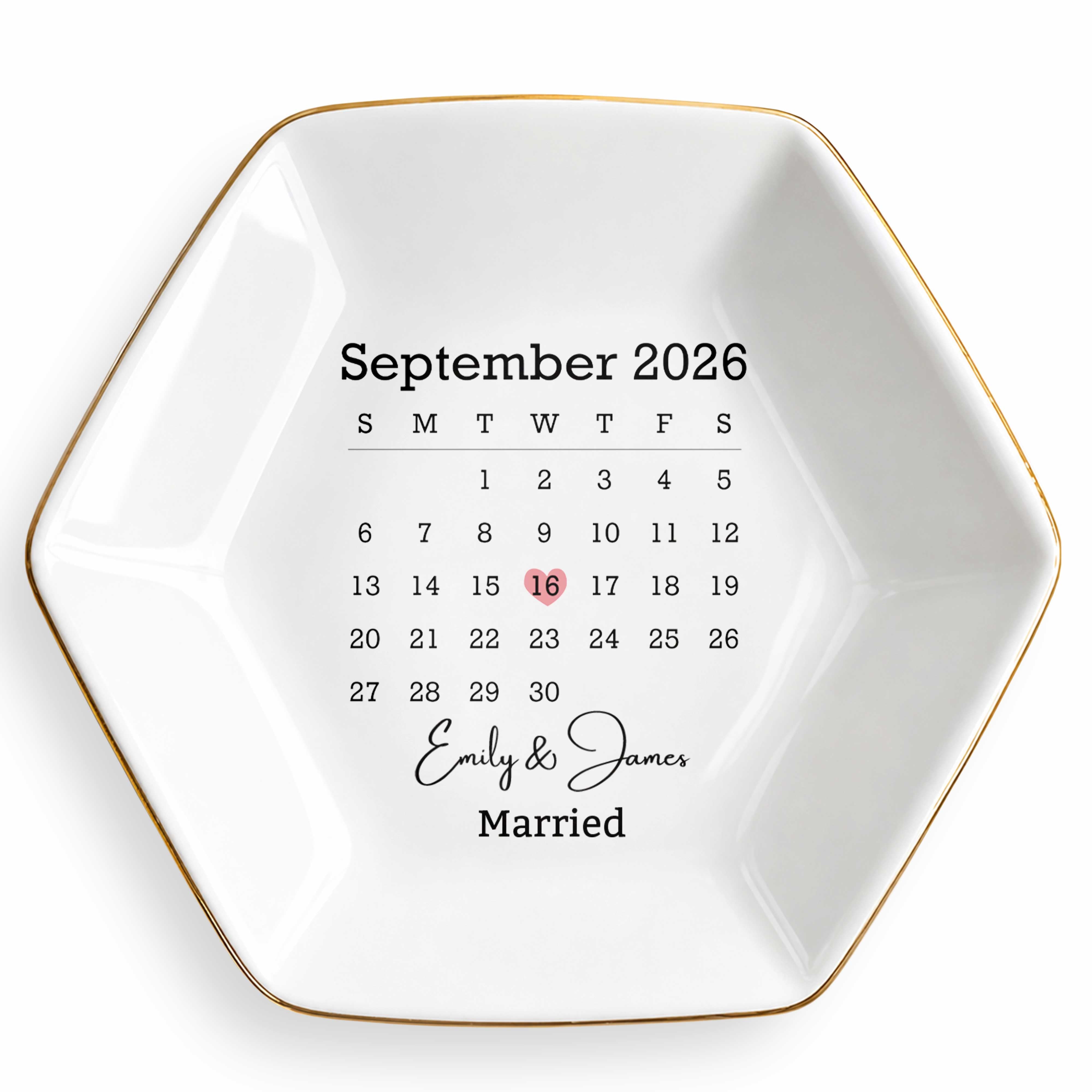 Married Custom Calendar And Heart Save The Date - Personalized Custom Jewelry Dish, Ceramic Dish, Hexagonal Shape - WEDD023_HECRD