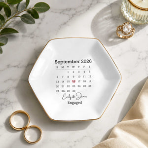 Married Custom Calendar And Heart Save The Date - Personalized Custom Jewelry Dish, Ceramic Dish, Hexagonal Shape - WEDD023_HECRD