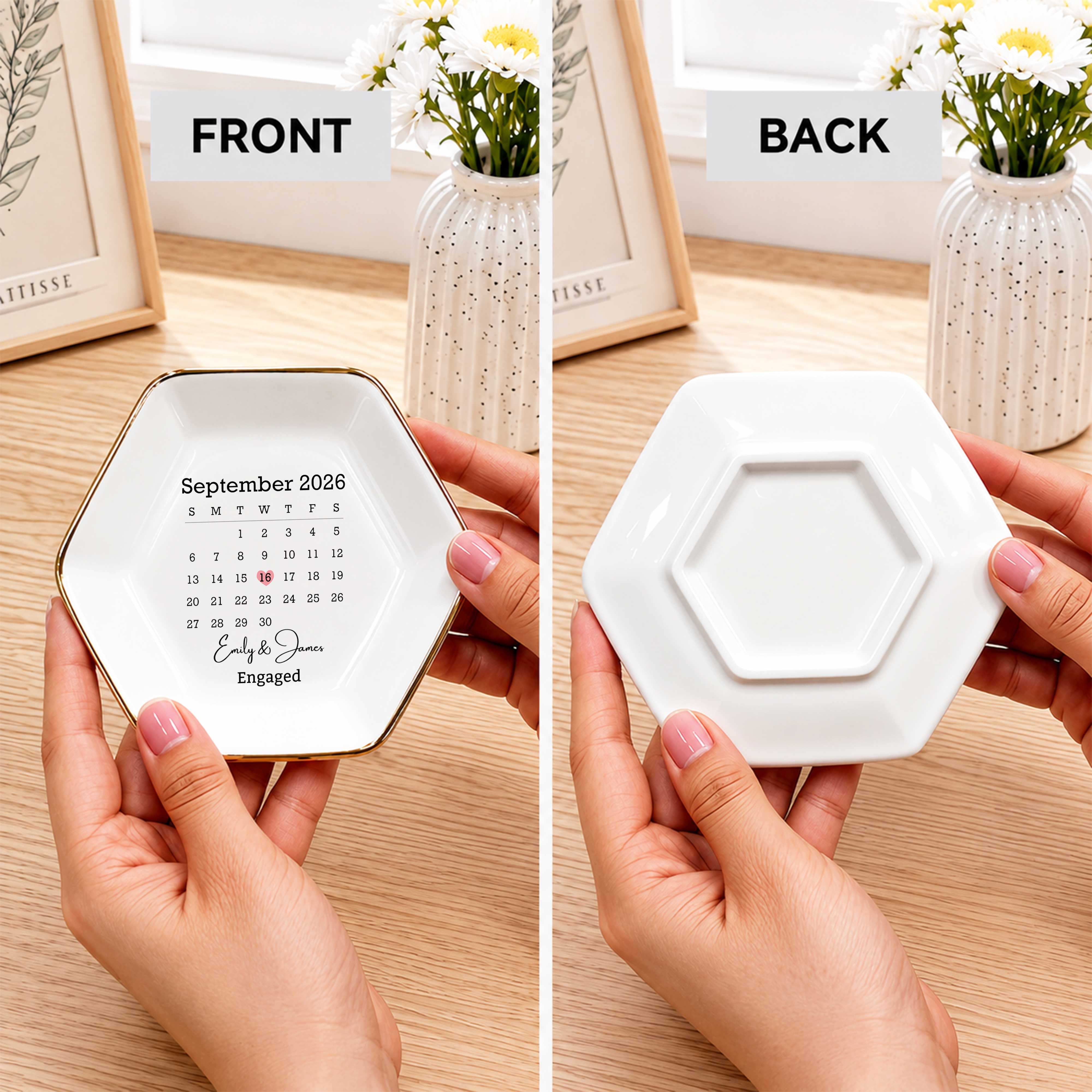Married Custom Calendar And Heart Save The Date - Personalized Custom Jewelry Dish, Ceramic Dish, Hexagonal Shape - WEDD023_HECRD