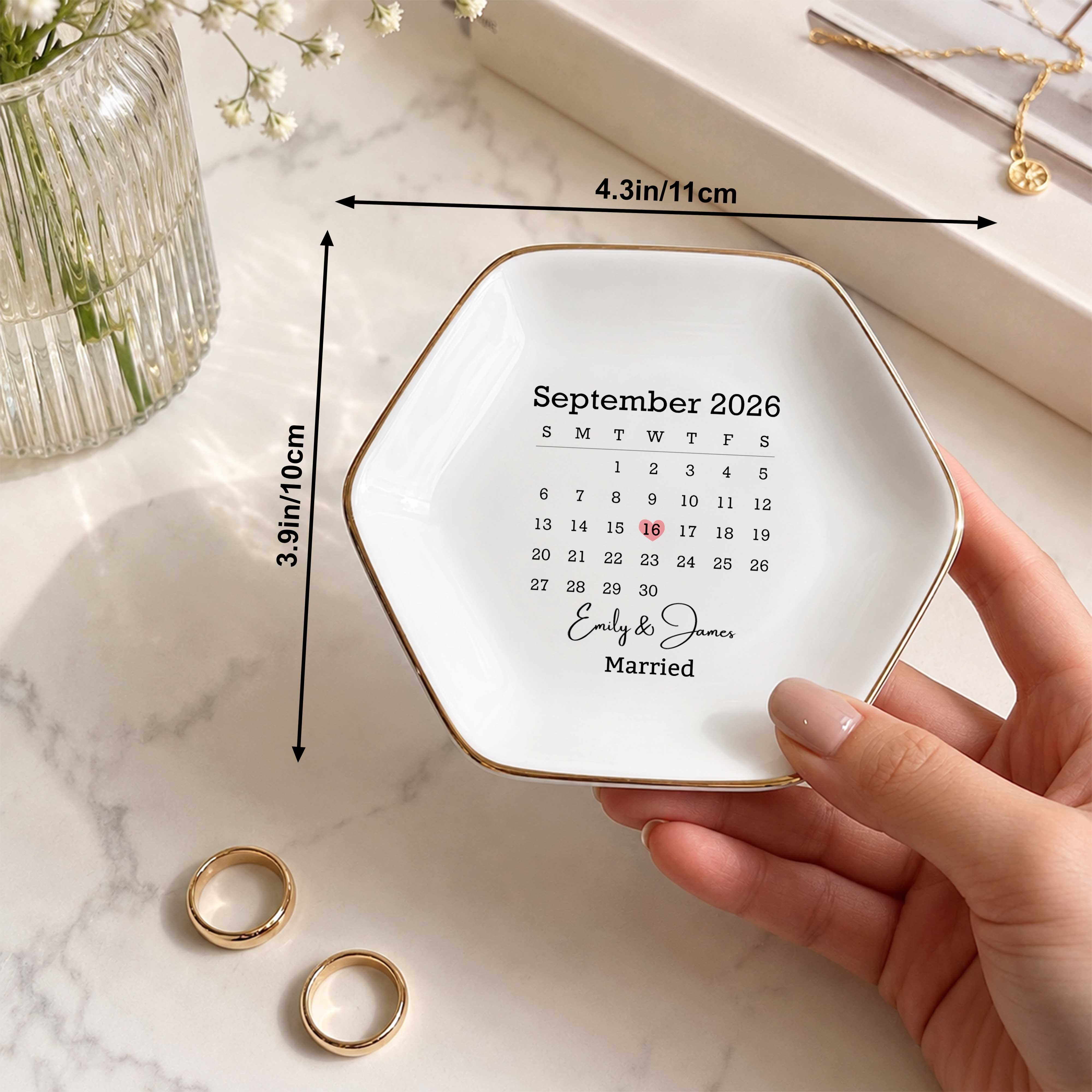 Married Custom Calendar And Heart Save The Date - Personalized Custom Jewelry Dish, Ceramic Dish, Hexagonal Shape - WEDD023_HECRD