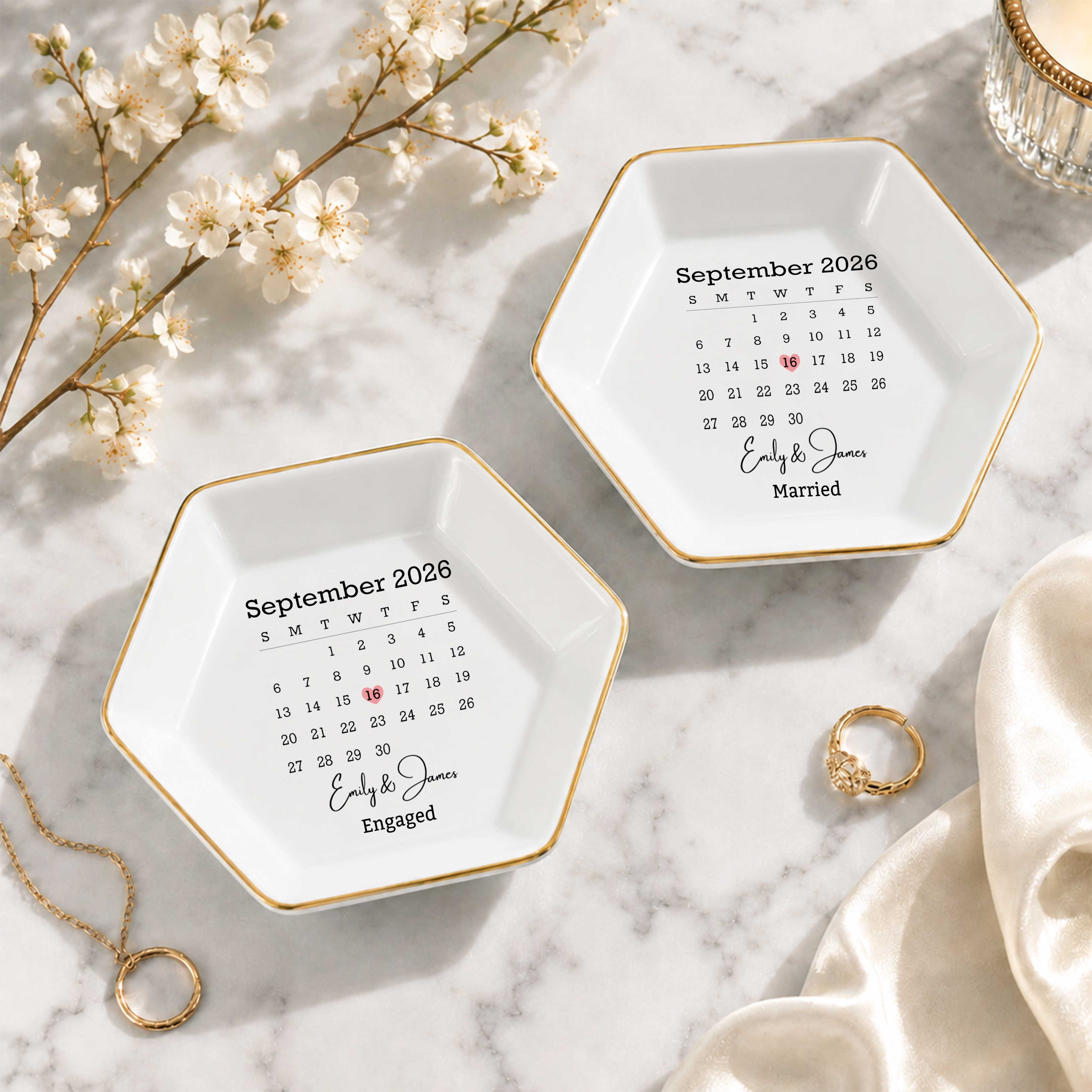 Married Custom Calendar And Heart Save The Date - Personalized Custom Jewelry Dish, Ceramic Dish, Hexagonal Shape - WEDD023_HECRD