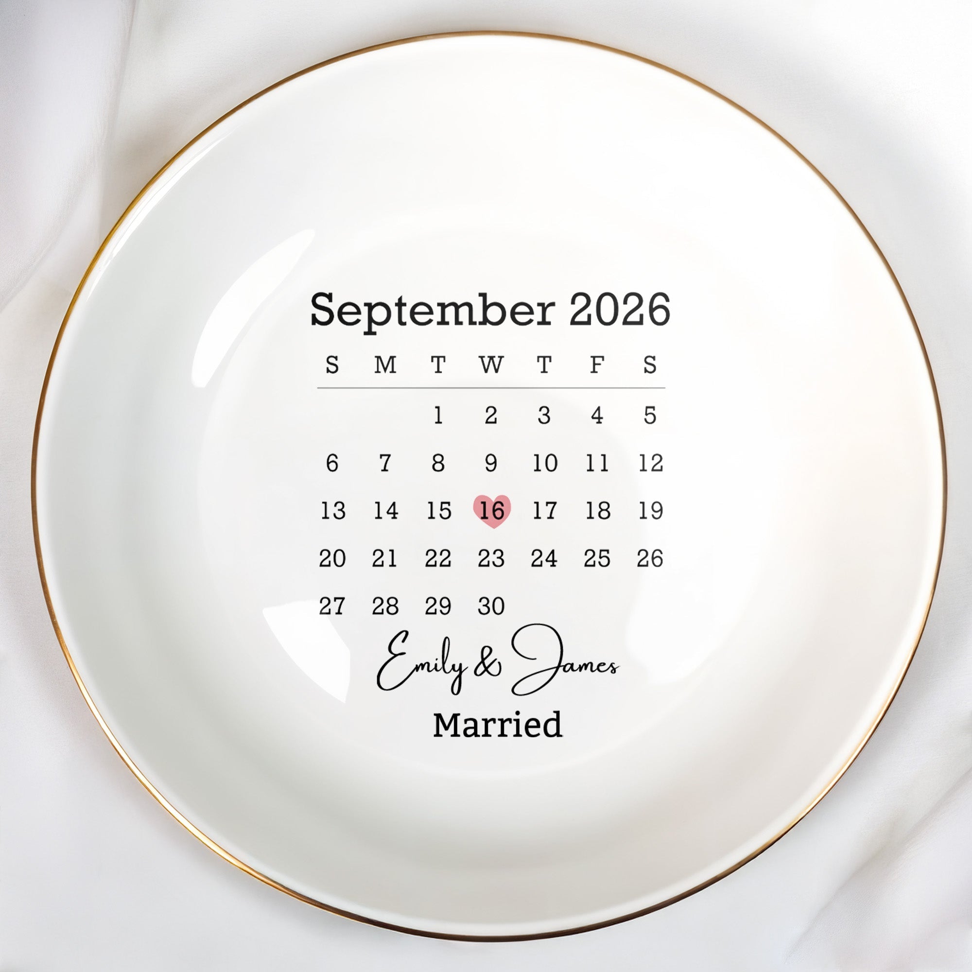 Married Custom Calendar Heart - Personalized Custom Jewelry Dish, Ceramic Dish, Round Shape - WEDD023_RCRF