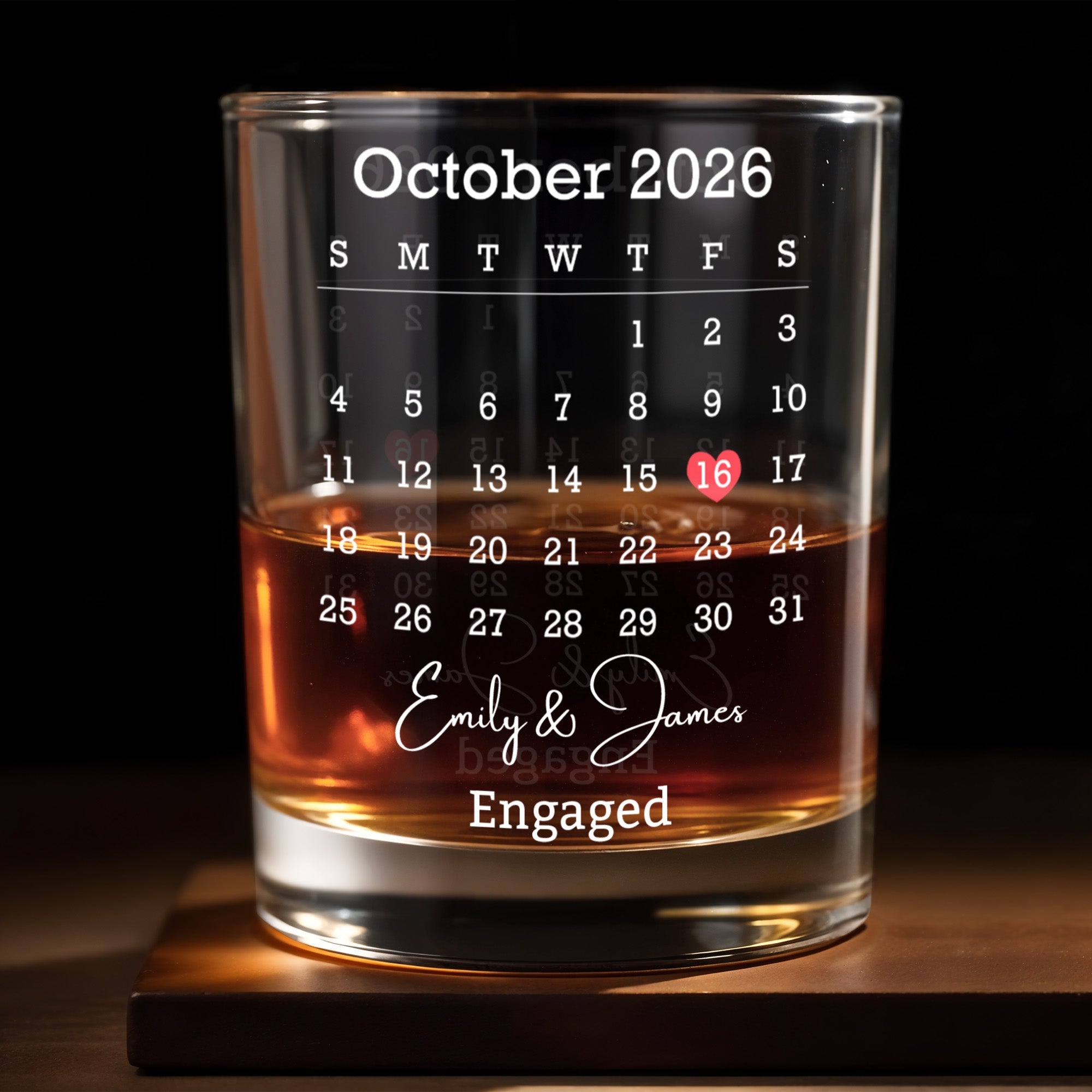 Engaged Custom Calendar With Heart Icon - Personalized Custom Whiskey Glass - WEDD023_RWG