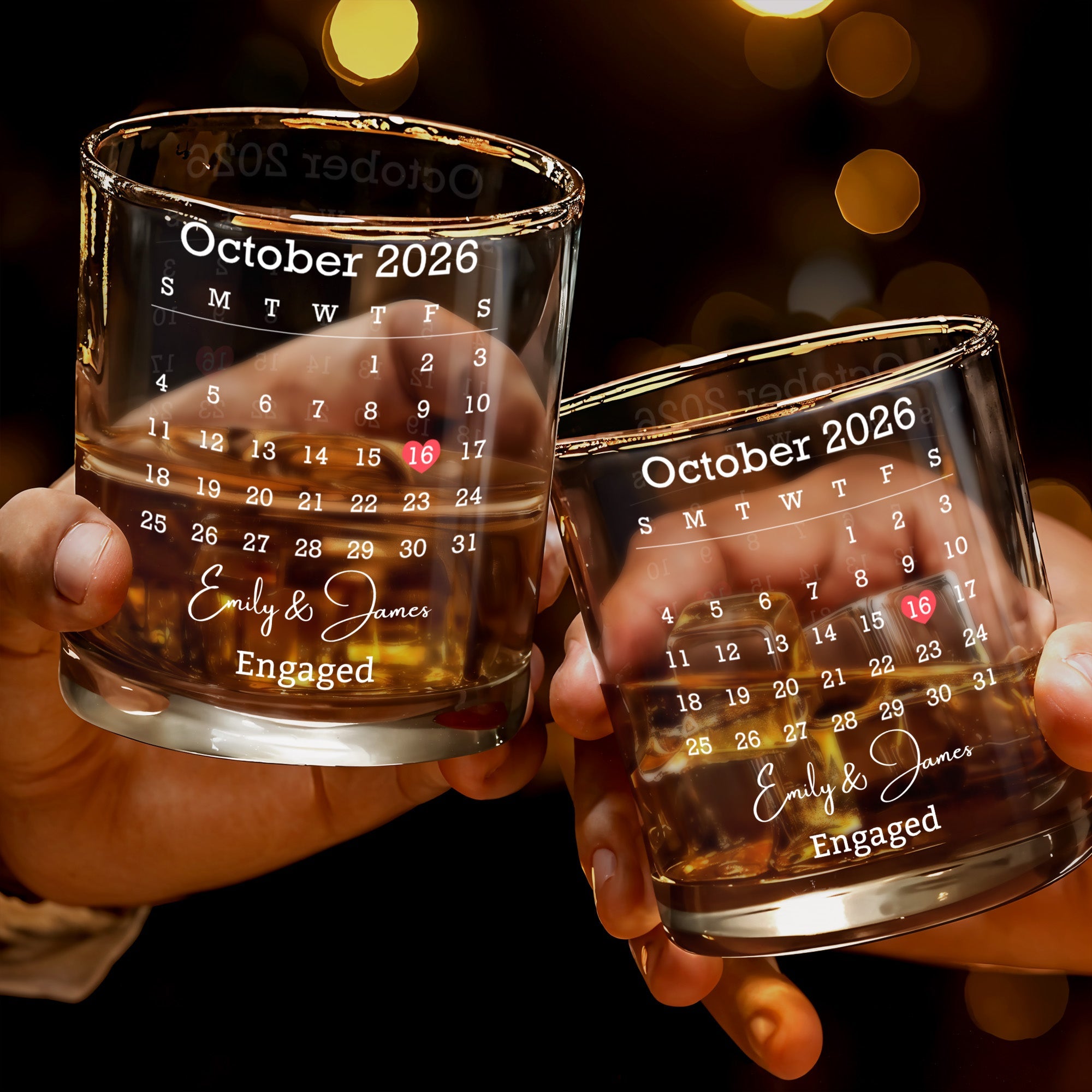 Engaged Custom Calendar With Heart Icon - Personalized Custom Whiskey Glass - WEDD023_RWG