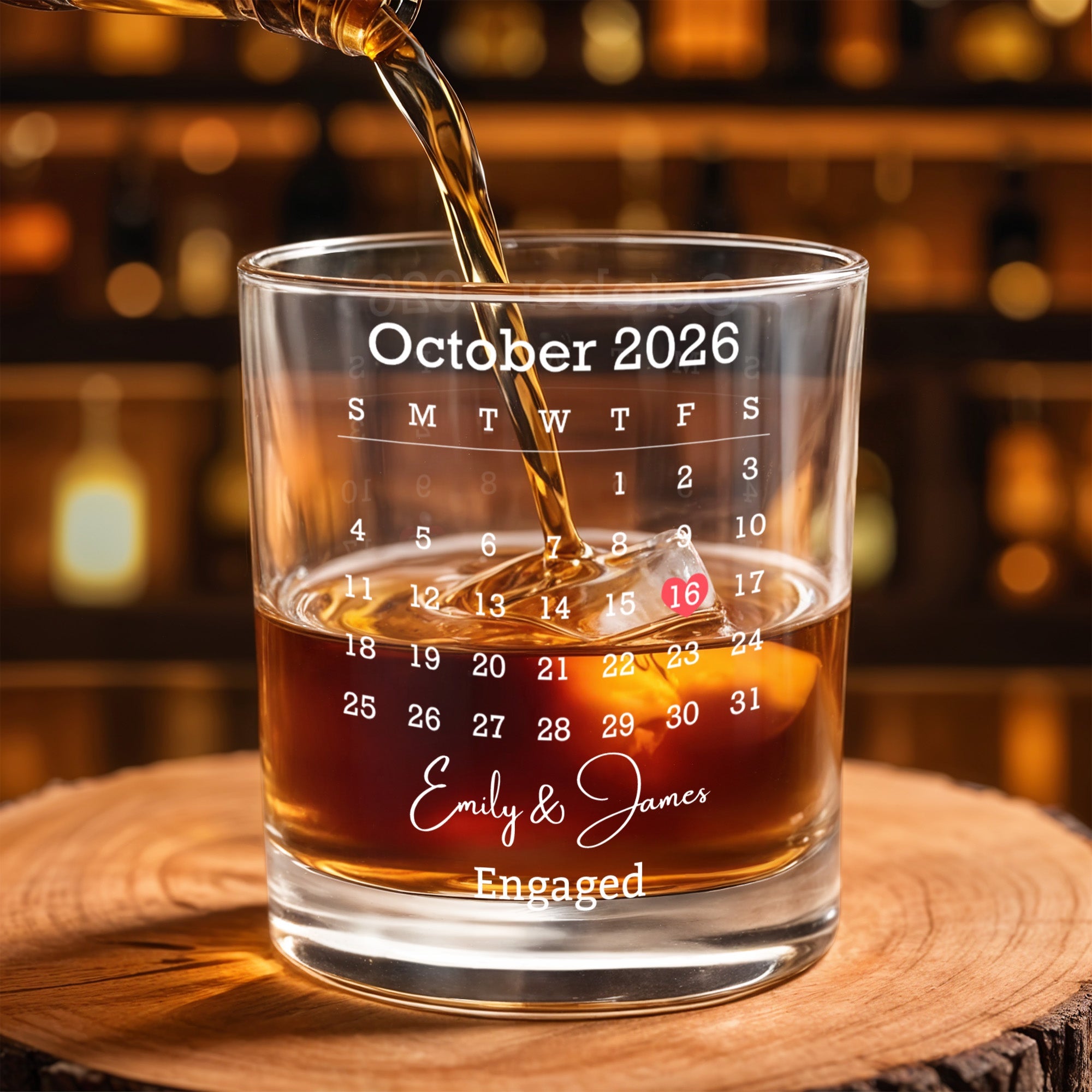 Engaged Custom Calendar With Heart Icon - Personalized Custom Whiskey Glass - WEDD023_RWG