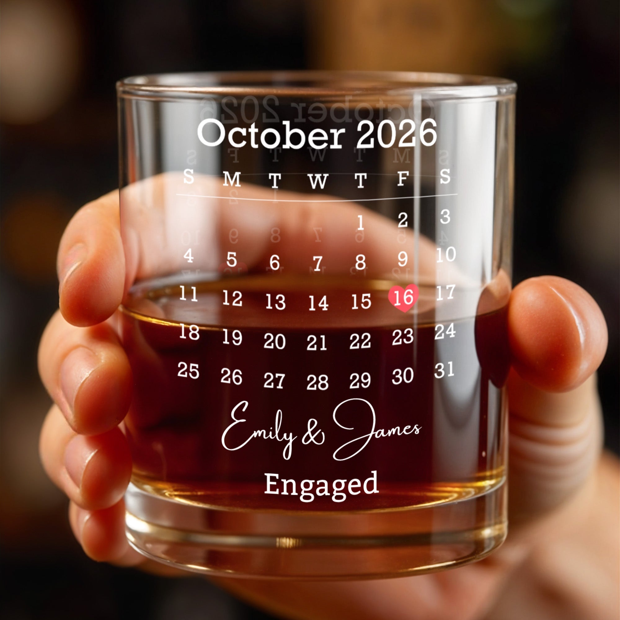 Engaged Custom Calendar With Heart Icon - Personalized Custom Whiskey Glass - WEDD023_RWG