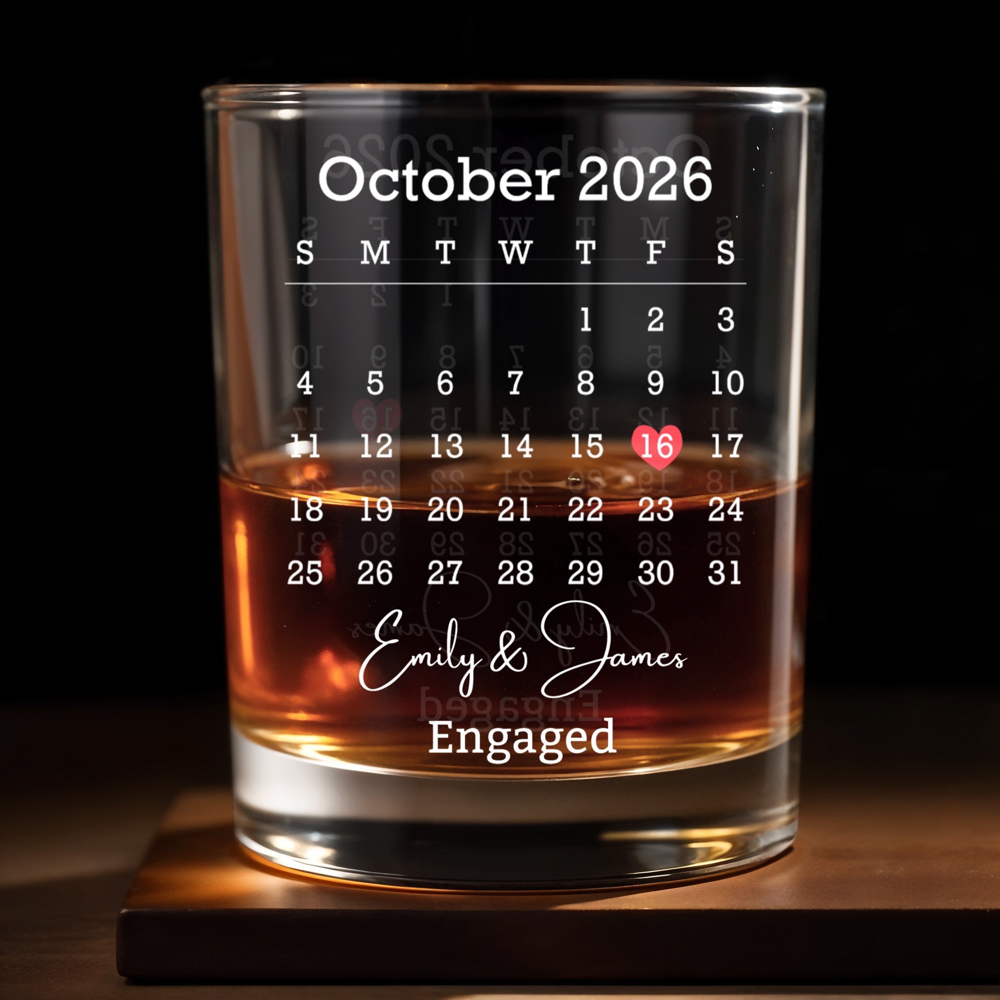 Engaged Custom Calendar With Heart Icon - Personalized Custom Whiskey Glass - WEDD023_RWG