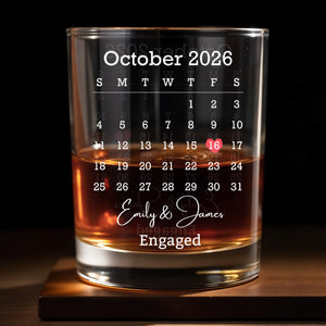 Engaged Custom Calendar With Heart Icon - Personalized Custom Whiskey Glass - WEDD023_RWG