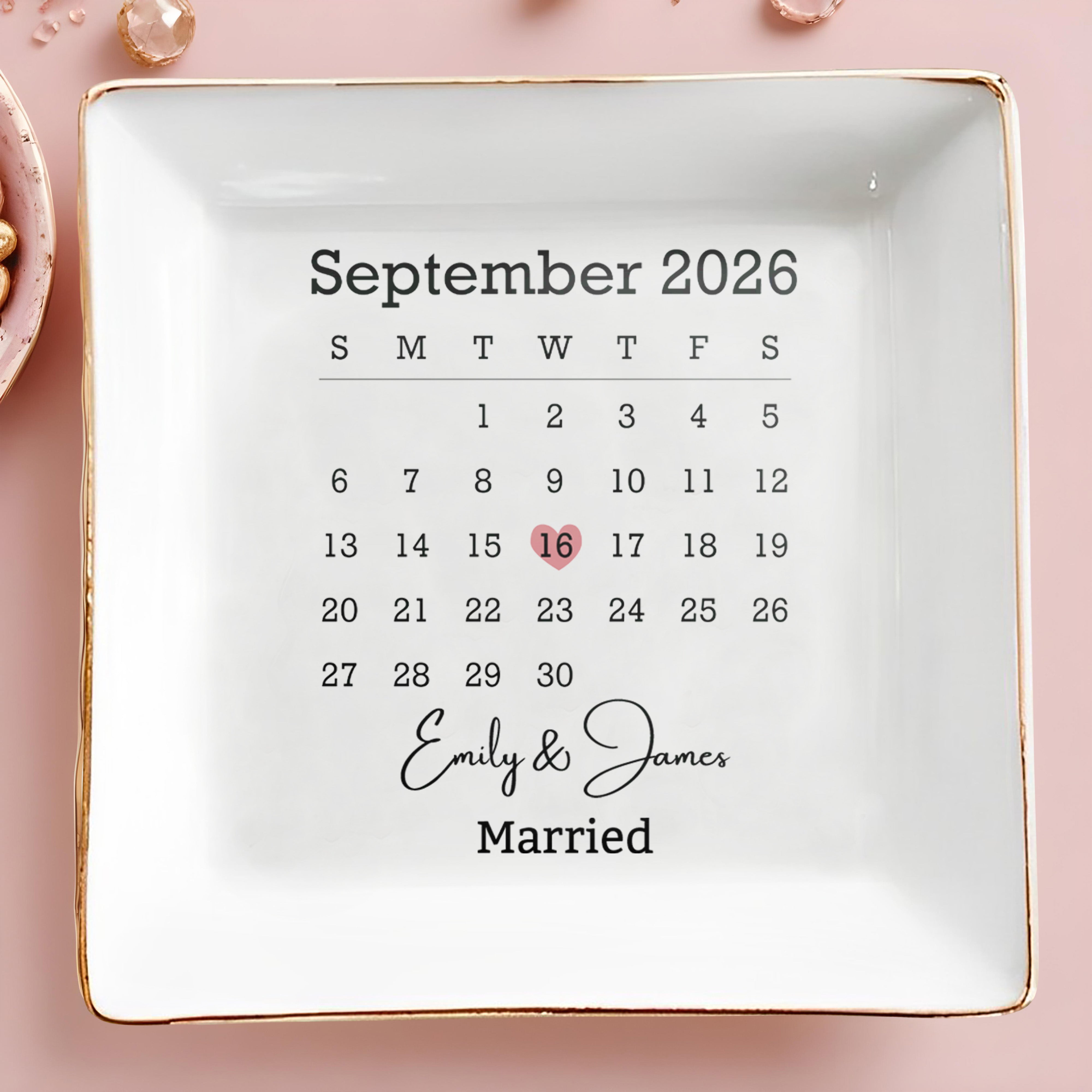 Married Calendar With Heart Special Date And Custom Names - Personalized Custom Jewelry Dish, Square Ceramic Dish - WEDD023_SCRD