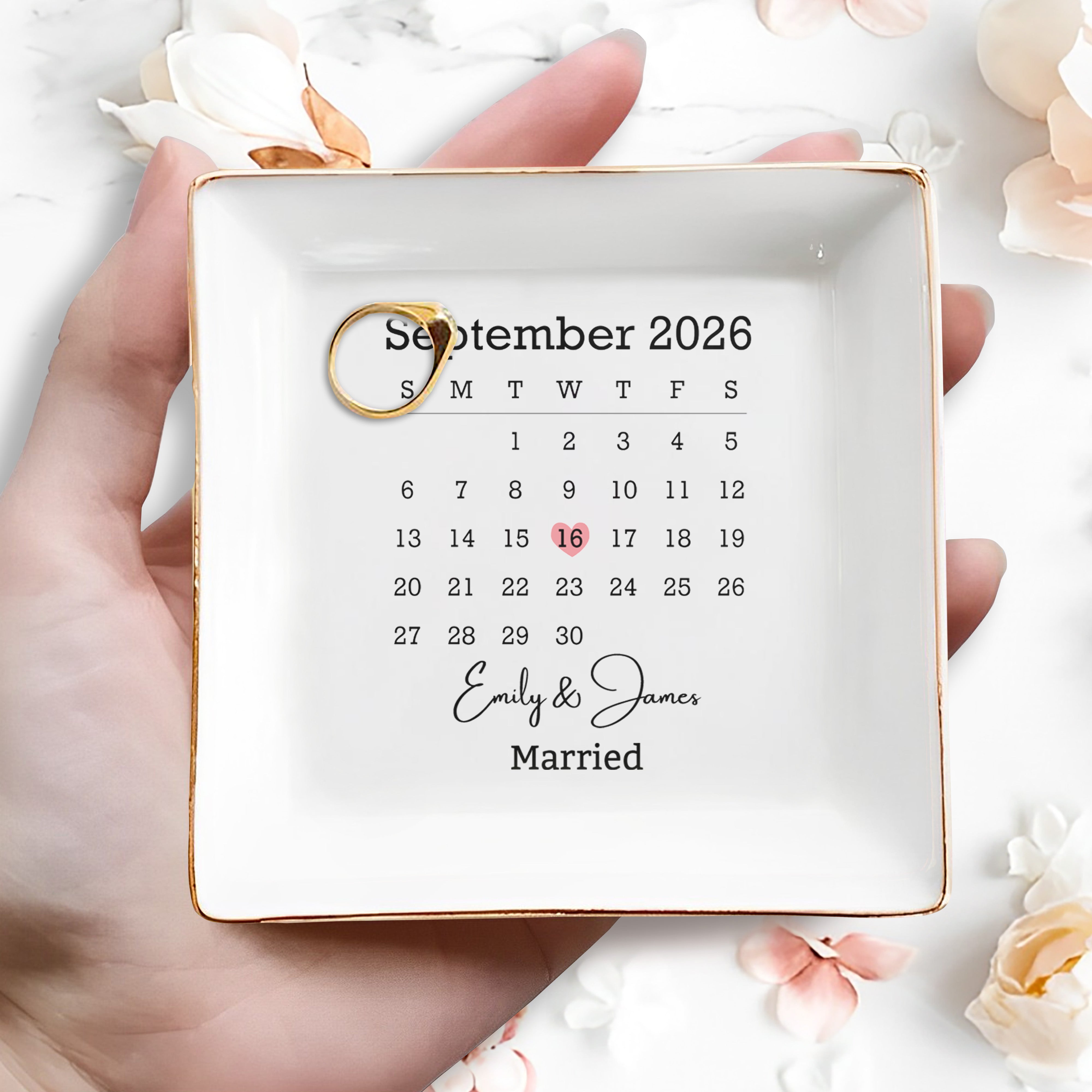 Married Calendar With Heart Special Date And Custom Names - Personalized Custom Jewelry Dish, Square Ceramic Dish - WEDD023_SCRD