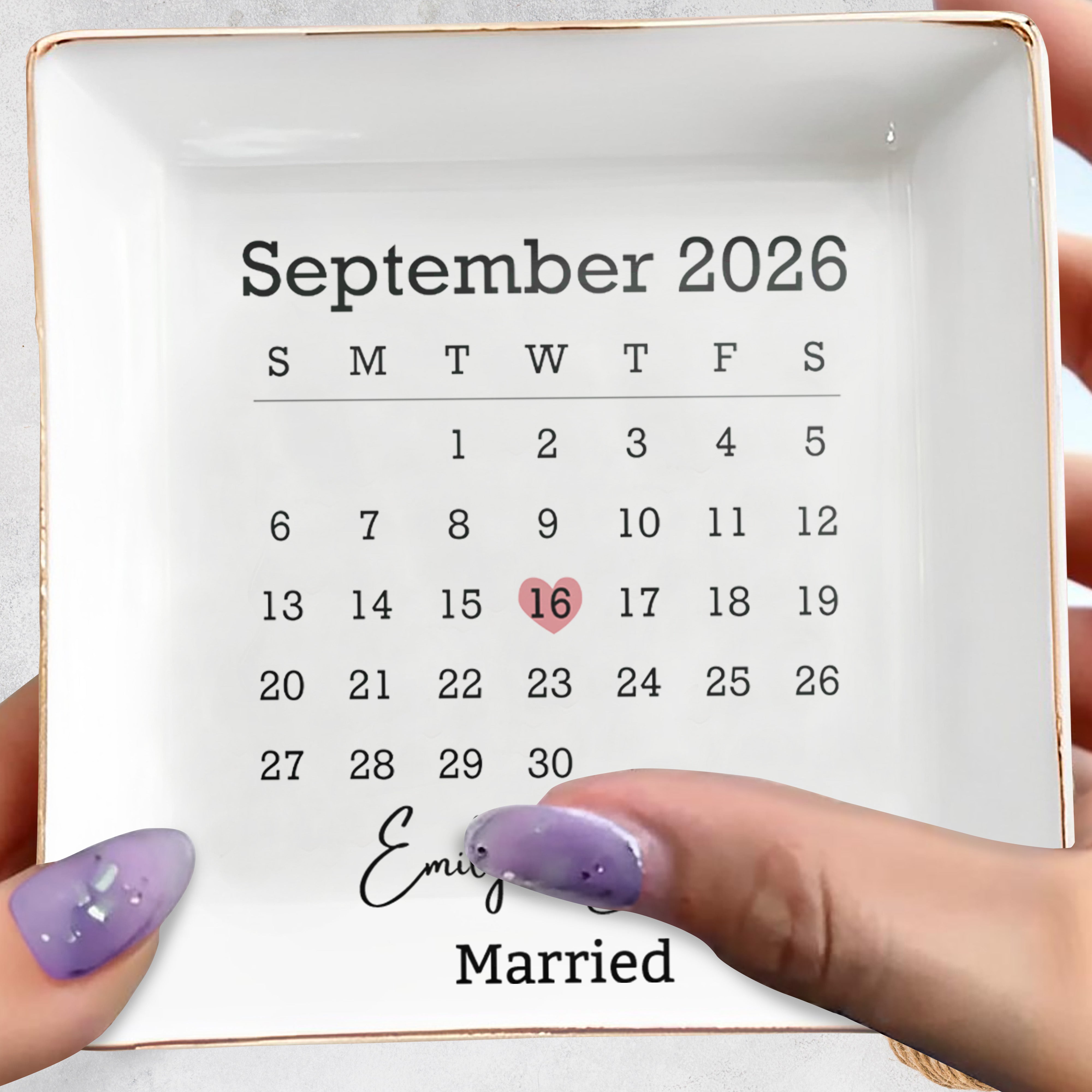 Married Calendar With Heart Special Date And Custom Names - Personalized Custom Jewelry Dish, Square Ceramic Dish - WEDD023_SCRD