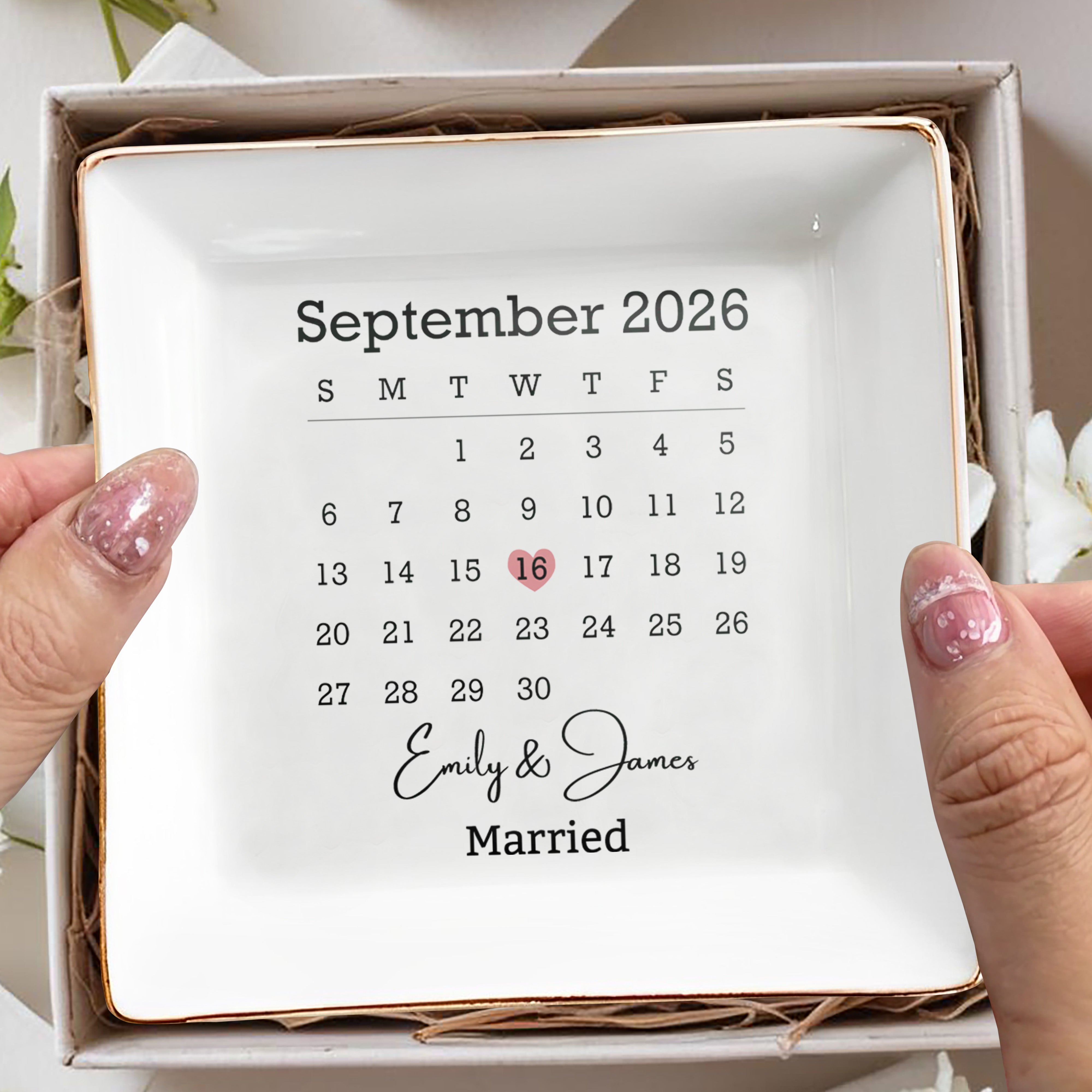 Married Calendar With Heart Special Date And Custom Names - Personalized Custom Jewelry Dish, Square Ceramic Dish - WEDD023_SCRD