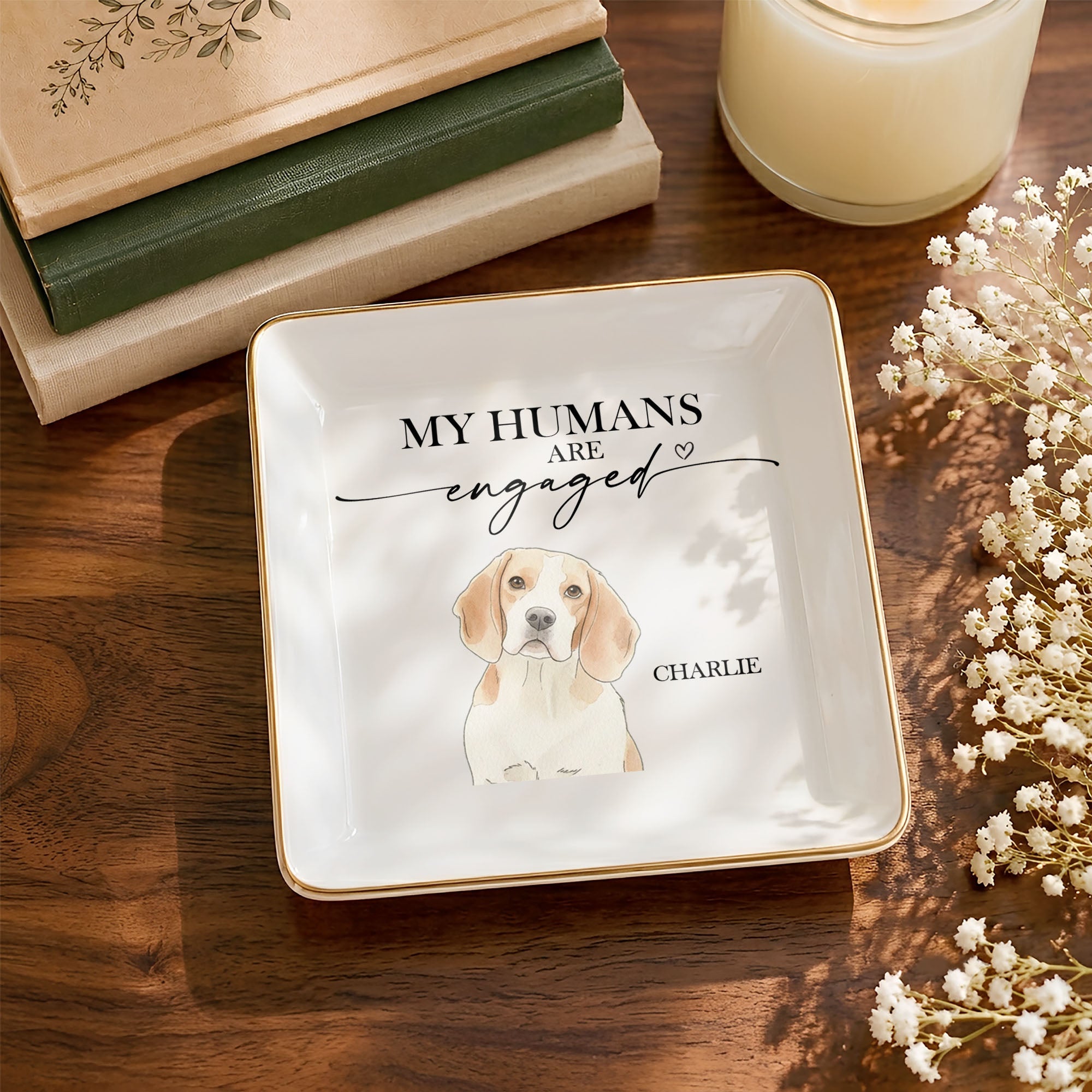 My Humans Are Married Custom Dog Portrait - Personalized Custom Jewelry Dish, Square Ceramic Dish - WEDD037_SCRD