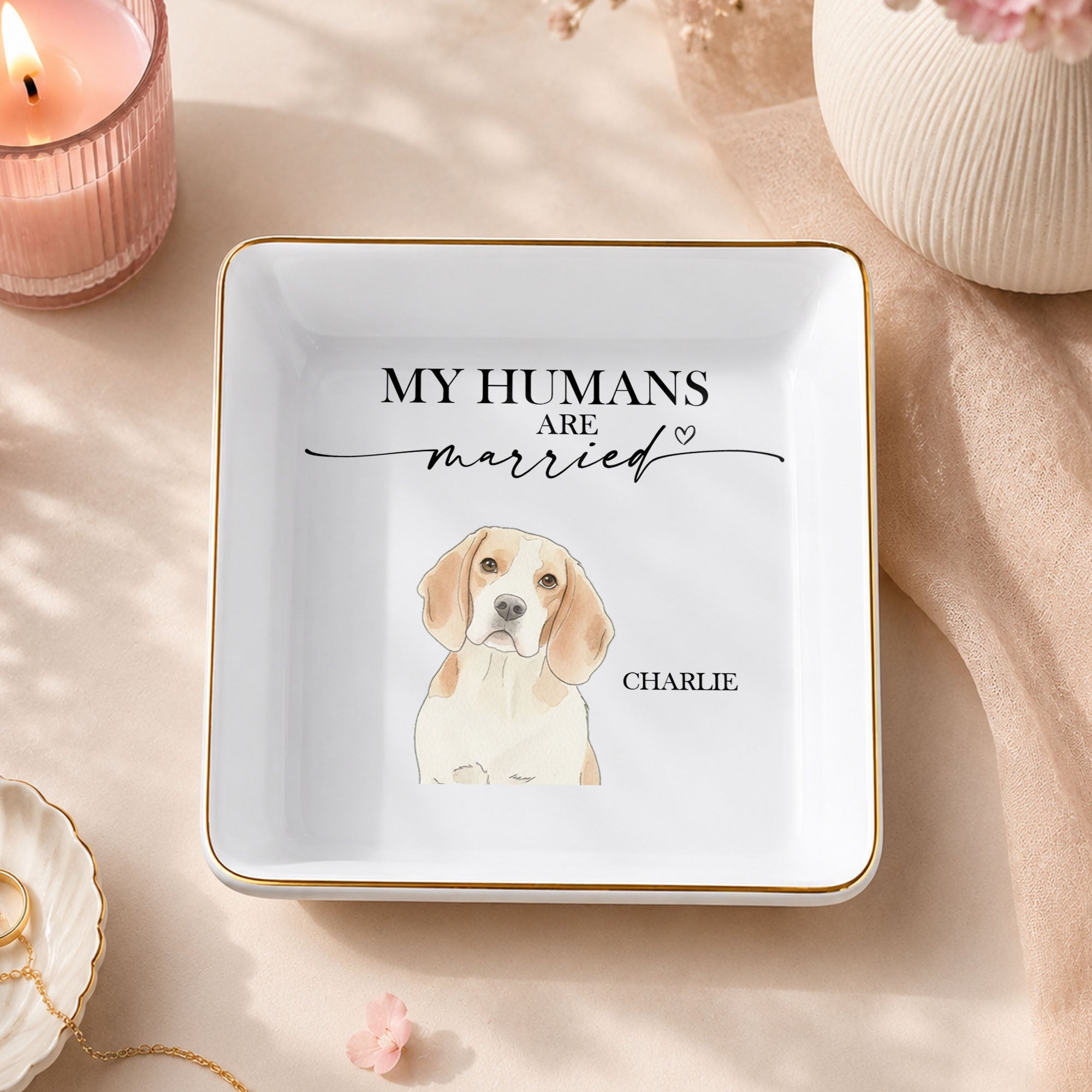 My Humans Are Married Custom Dog Portrait - Personalized Custom Jewelry Dish, Square Ceramic Dish - WEDD037_SCRD