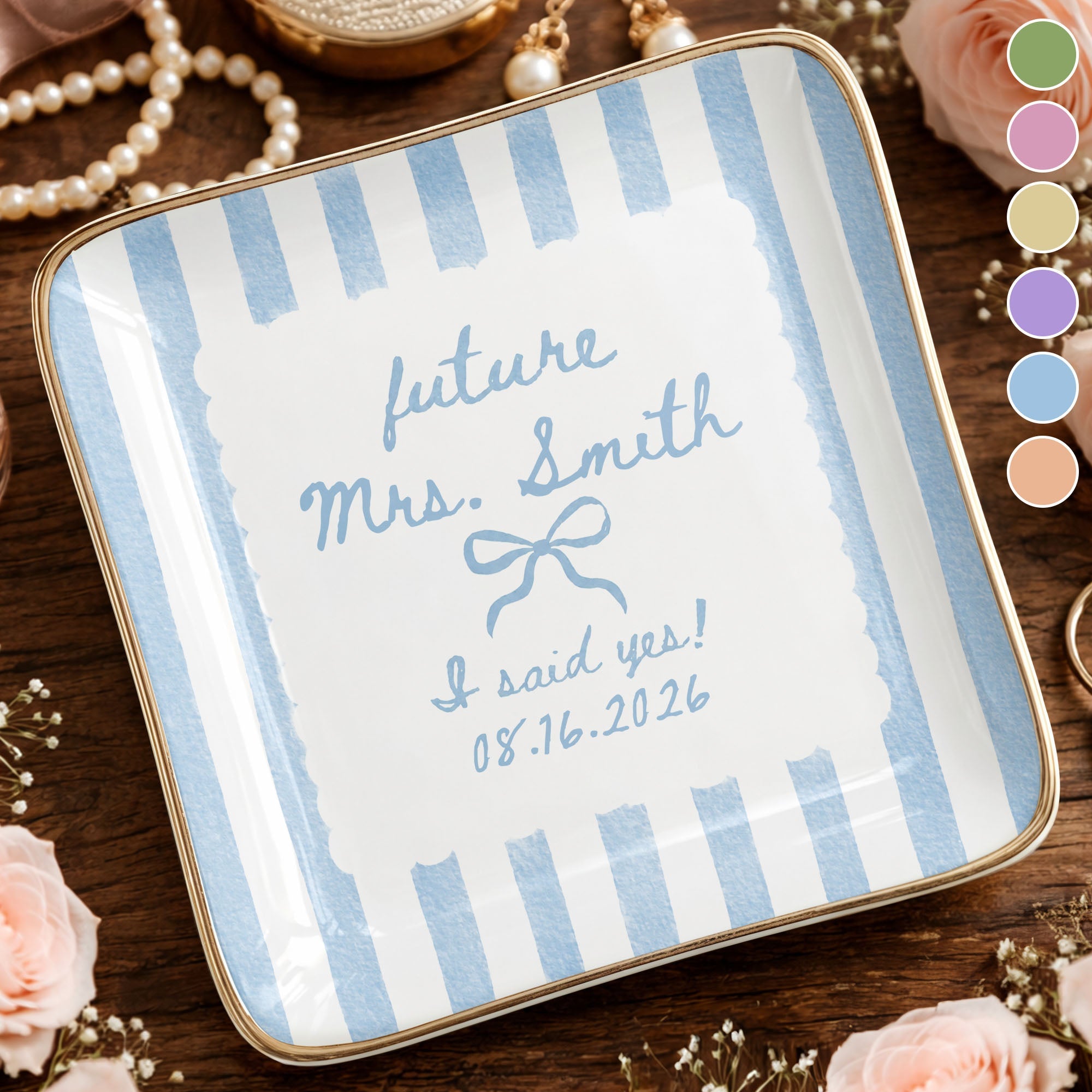 Future Mrs I Said Yes With Ribbon Bow And Blue Stripes - Personalized Custom Jewelry Dish, Ceramic Dish, Square Shape - WEDD040_SCRF