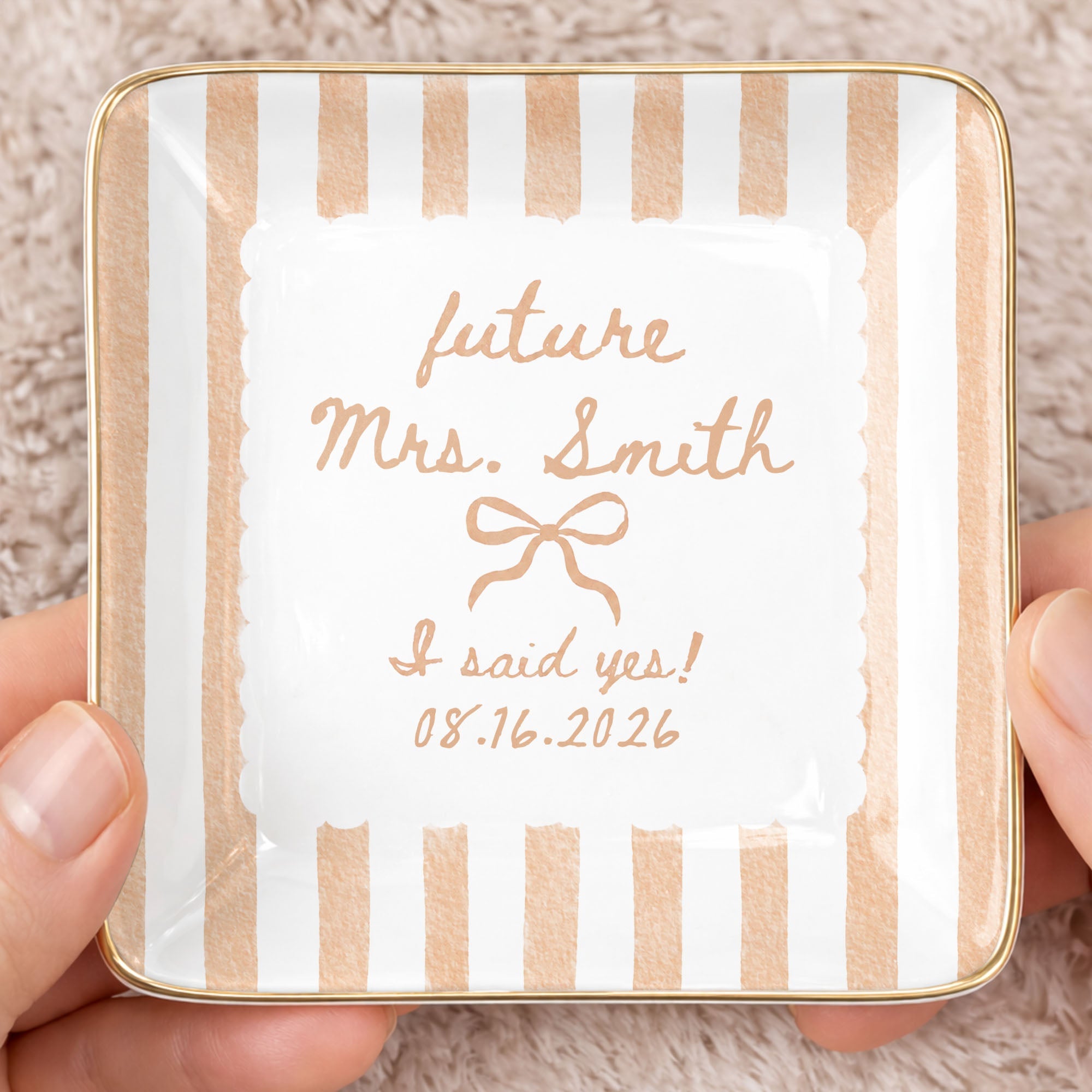 Future Mrs I Said Yes With Ribbon Bow And Blue Stripes - Personalized Custom Jewelry Dish, Ceramic Dish, Square Shape - WEDD040_SCRF