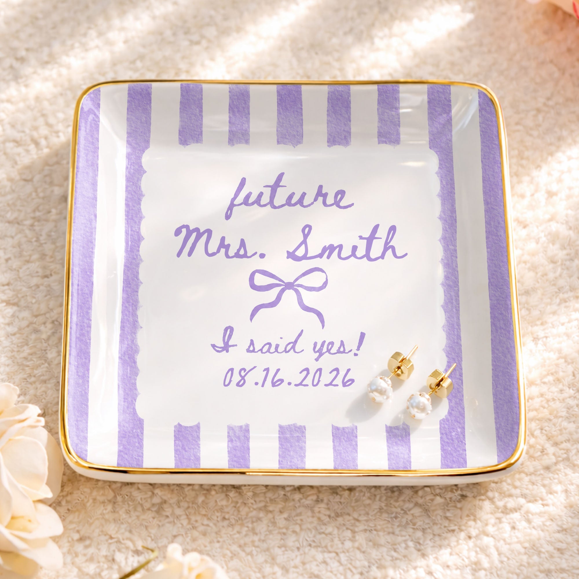 Future Mrs I Said Yes With Ribbon Bow And Blue Stripes - Personalized Custom Jewelry Dish, Ceramic Dish, Square Shape - WEDD040_SCRF