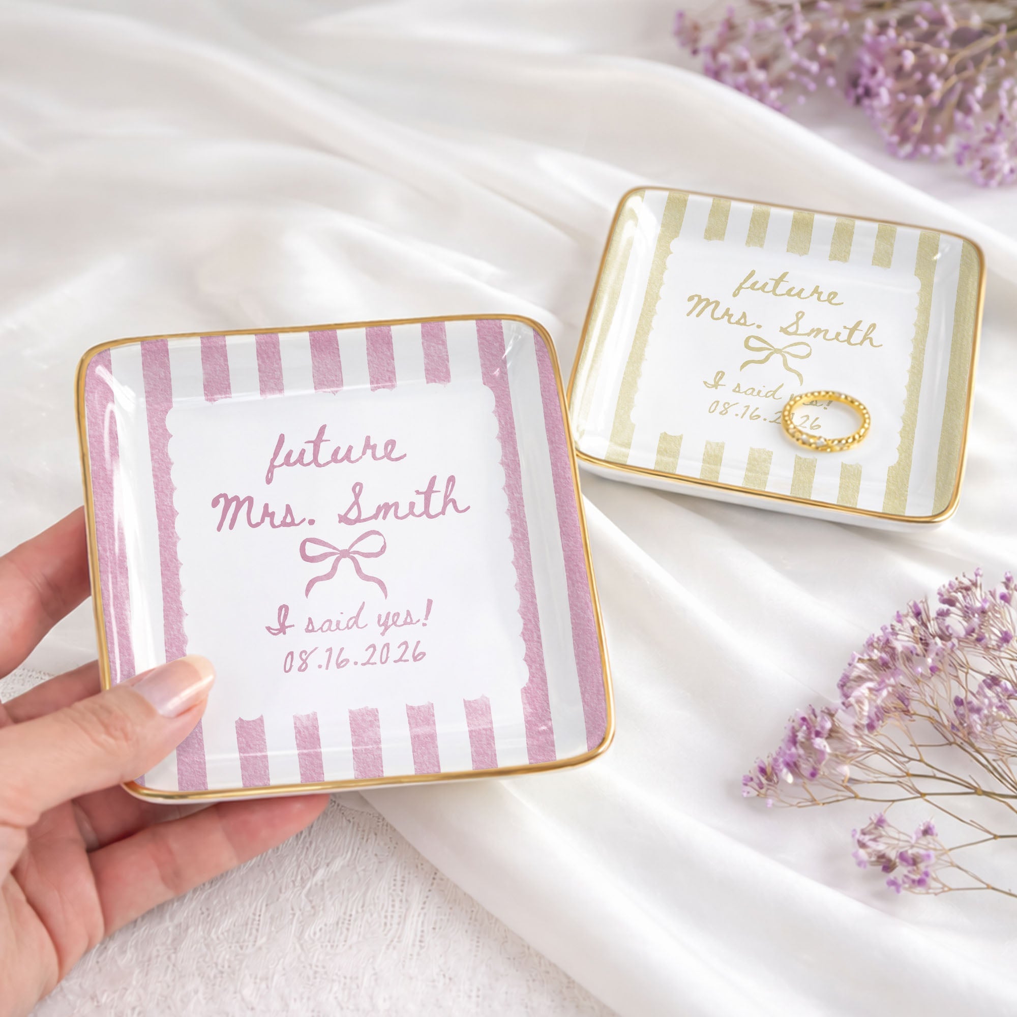 Future Mrs I Said Yes With Ribbon Bow And Blue Stripes - Personalized Custom Jewelry Dish, Ceramic Dish, Square Shape - WEDD040_SCRF