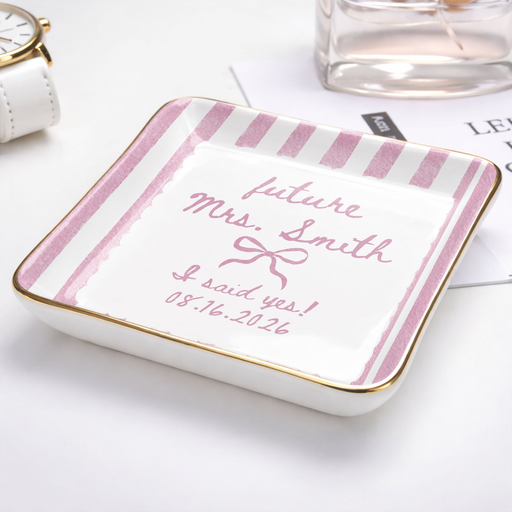 Future Mrs I Said Yes With Ribbon Bow And Blue Stripes - Personalized Custom Jewelry Dish, Ceramic Dish, Square Shape - WEDD040_SCRF