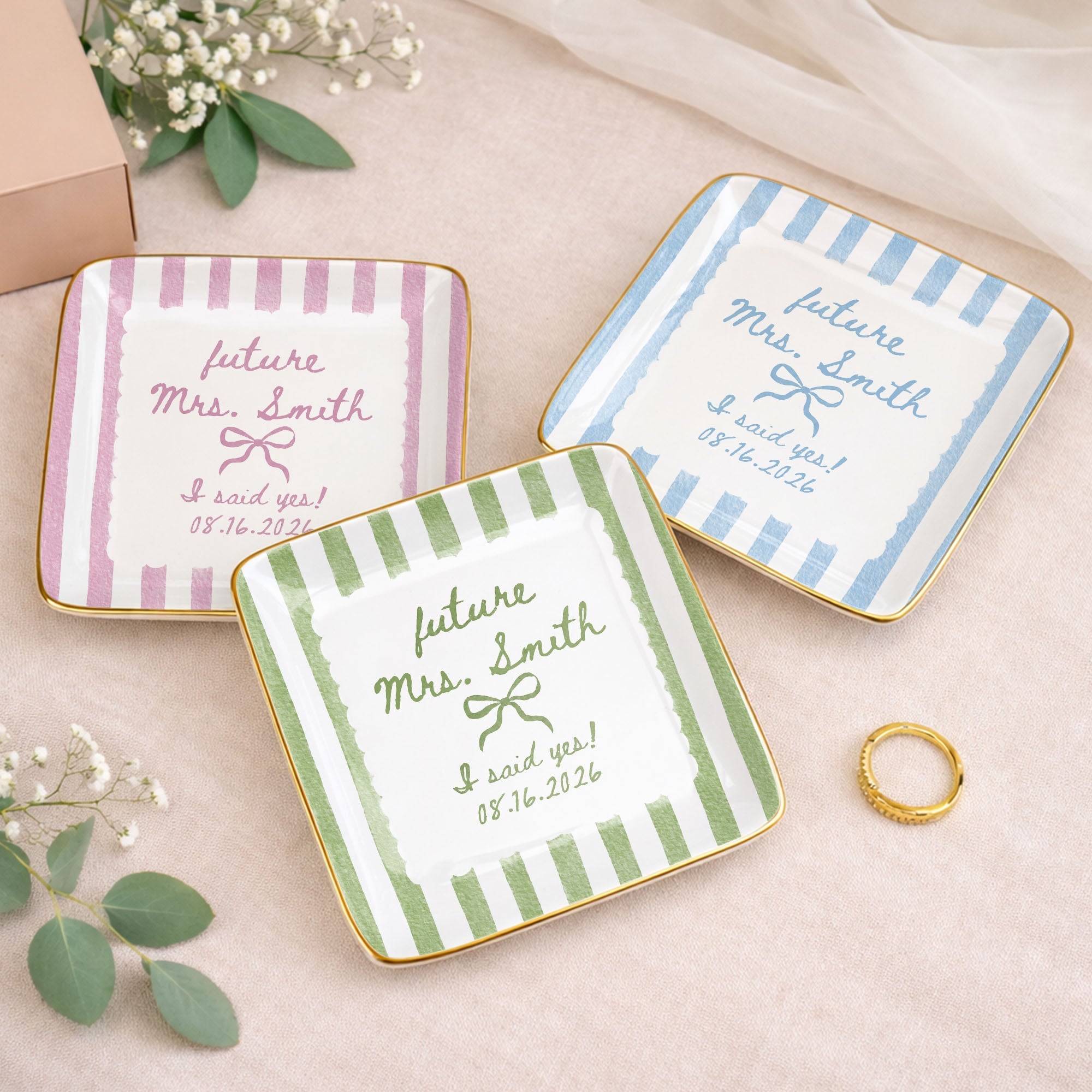 Future Mrs I Said Yes With Ribbon Bow And Blue Stripes - Personalized Custom Jewelry Dish, Ceramic Dish, Square Shape - WEDD040_SCRF