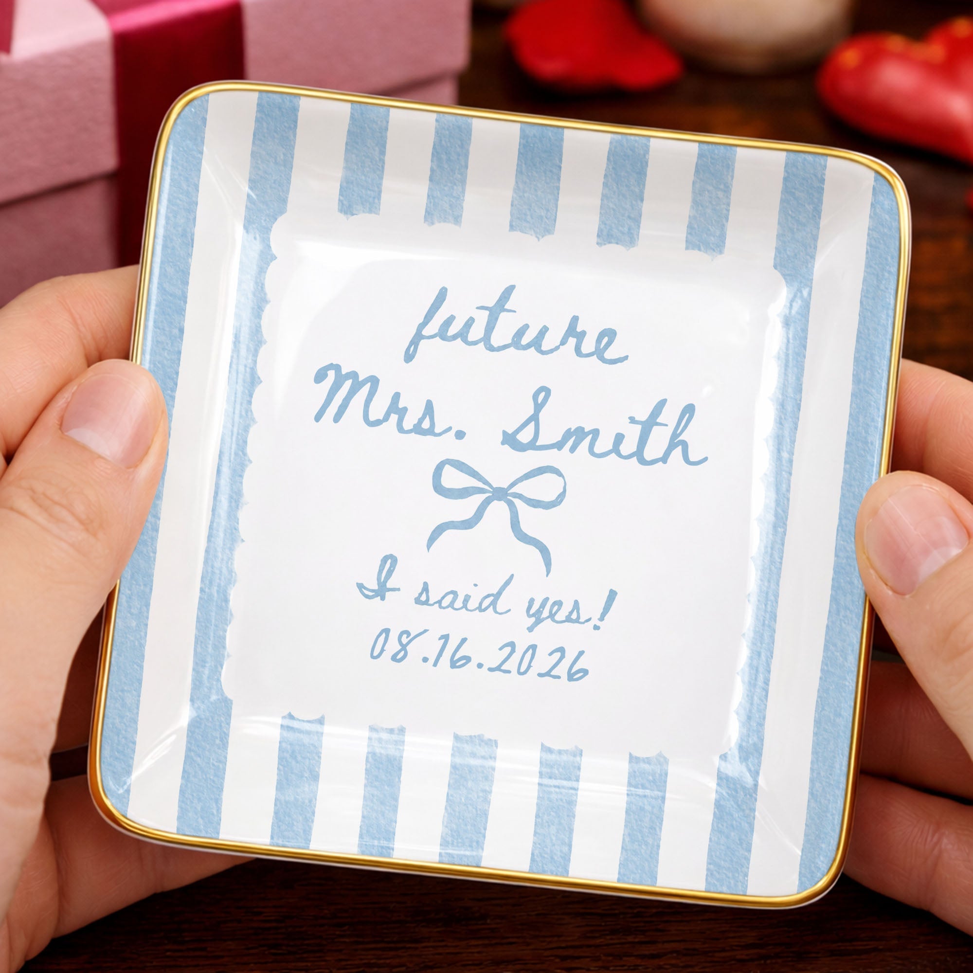 Future Mrs I Said Yes With Ribbon Bow And Blue Stripes - Personalized Custom Jewelry Dish, Ceramic Dish, Square Shape - WEDD040_SCRF