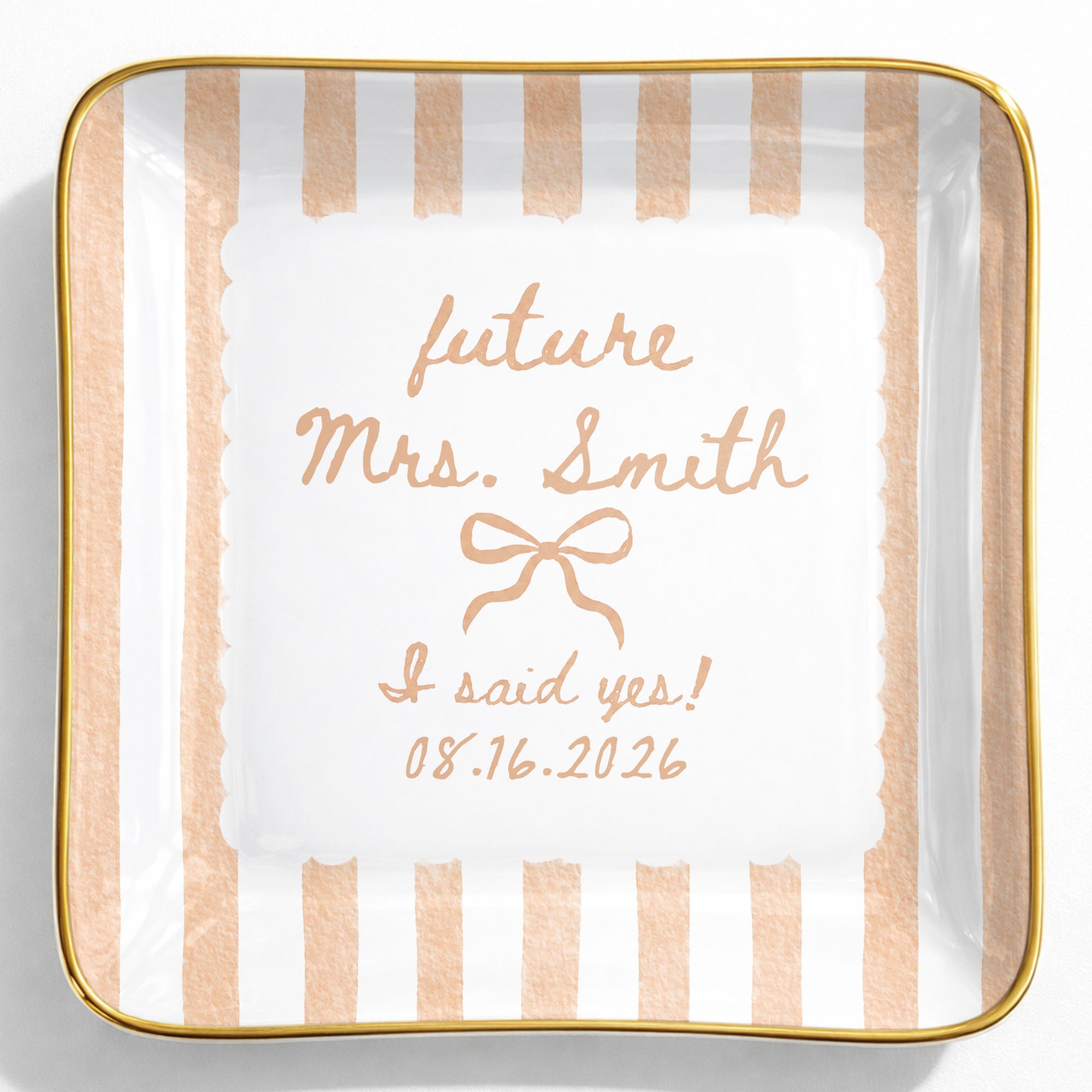Future Mrs I Said Yes With Ribbon Bow And Blue Stripes - Personalized Custom Jewelry Dish, Ceramic Dish, Square Shape - WEDD040_SCRF