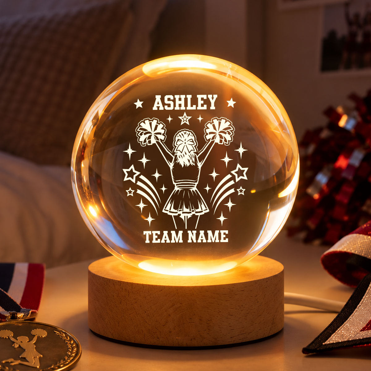 Proud Cheerleader Custom Name And Team Name - Personalized Crystal Ball LED Night Light