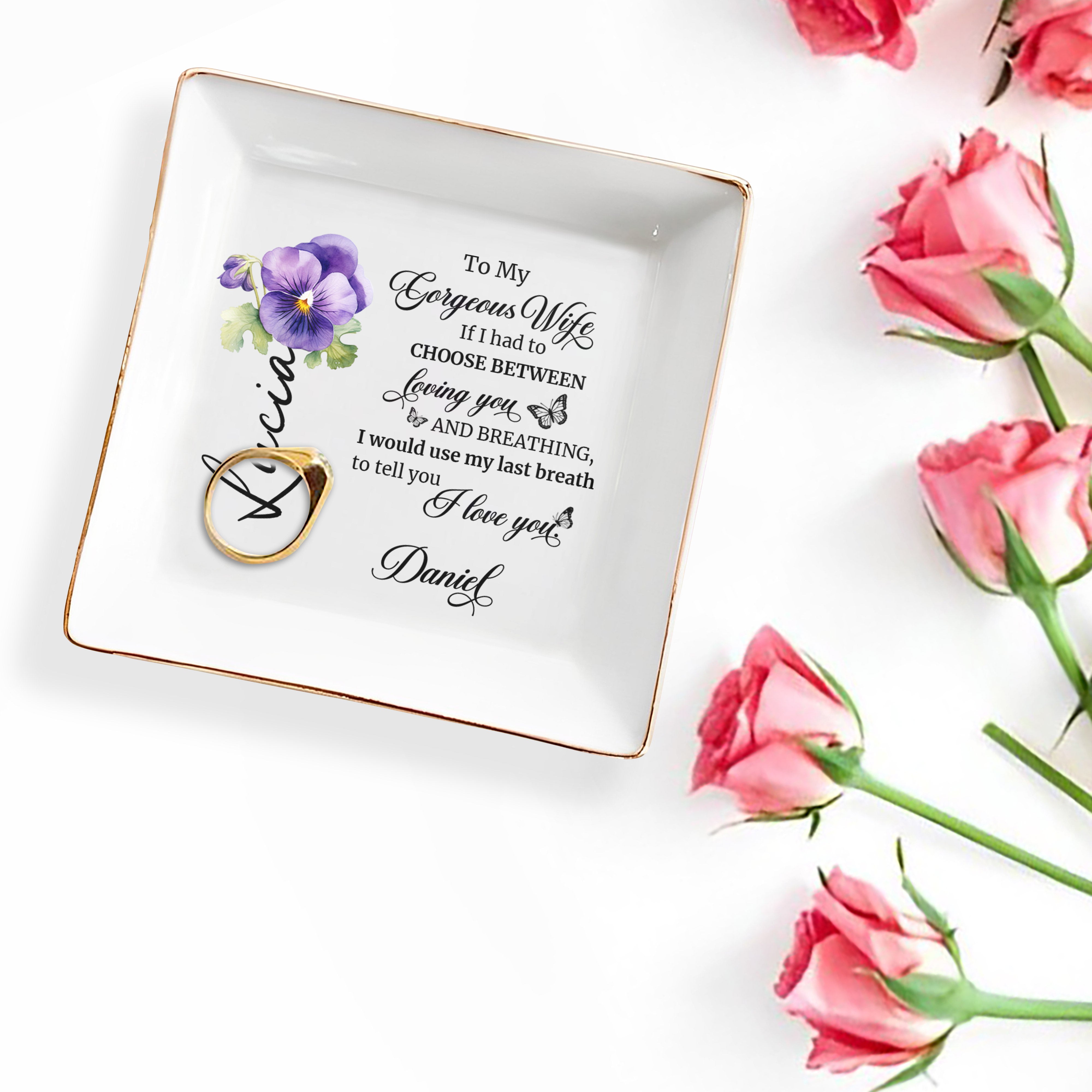 Choose Between Loving You And Breathing Romantic Quote With Violets And Butterflies - Personalized Custom Jewelry Dish - WIF016_SCRD