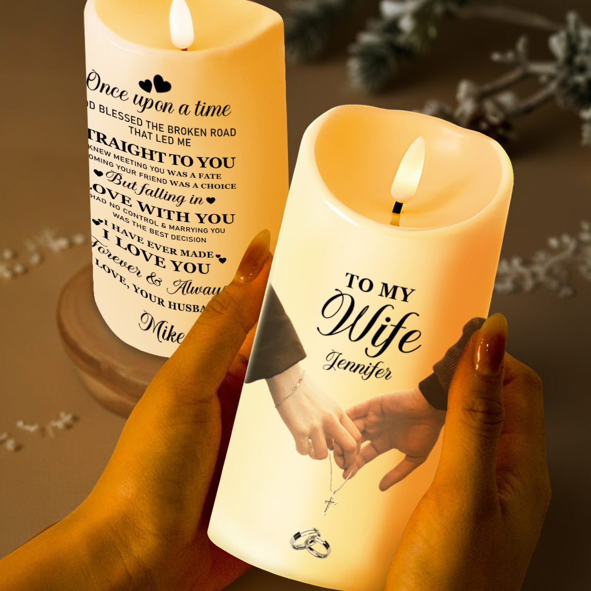 Once Upon A Time Straight To You, Hands Holding Wedding Rings - Personalized Custom LED Candle - WIF018_LECA