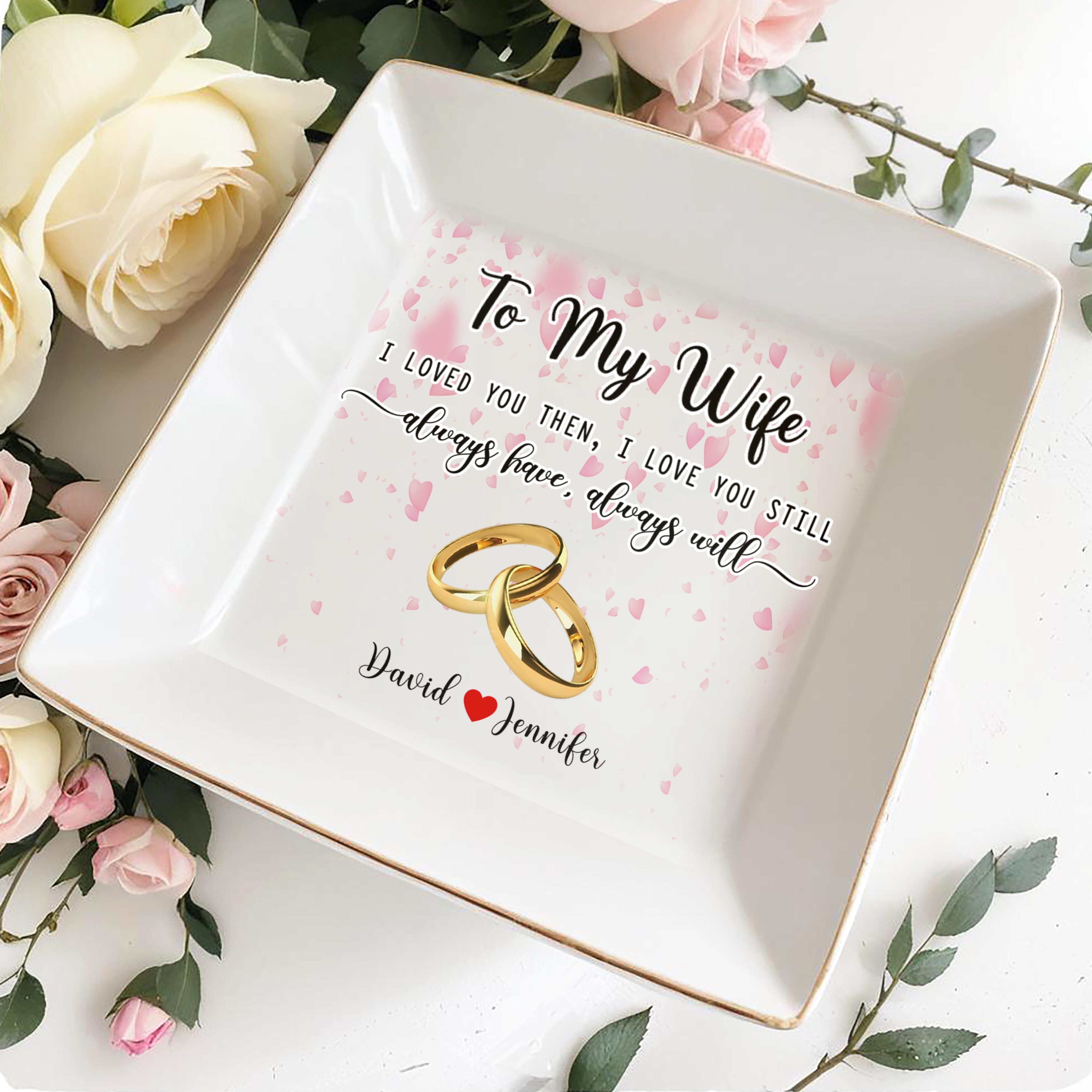 Wedding Anniversary Gift Featuring Wedding Rings And Hearts - Personalized Custom Jewelry Dish - WIF021_SCRD
