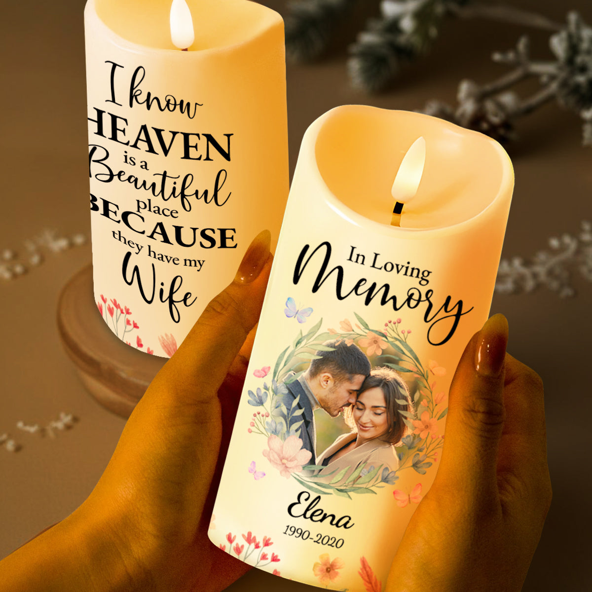 Heaven Is Beautiful, Loving Memory Tribute With Flowers - Personalized Custom LED Candle - WIF024_LECA