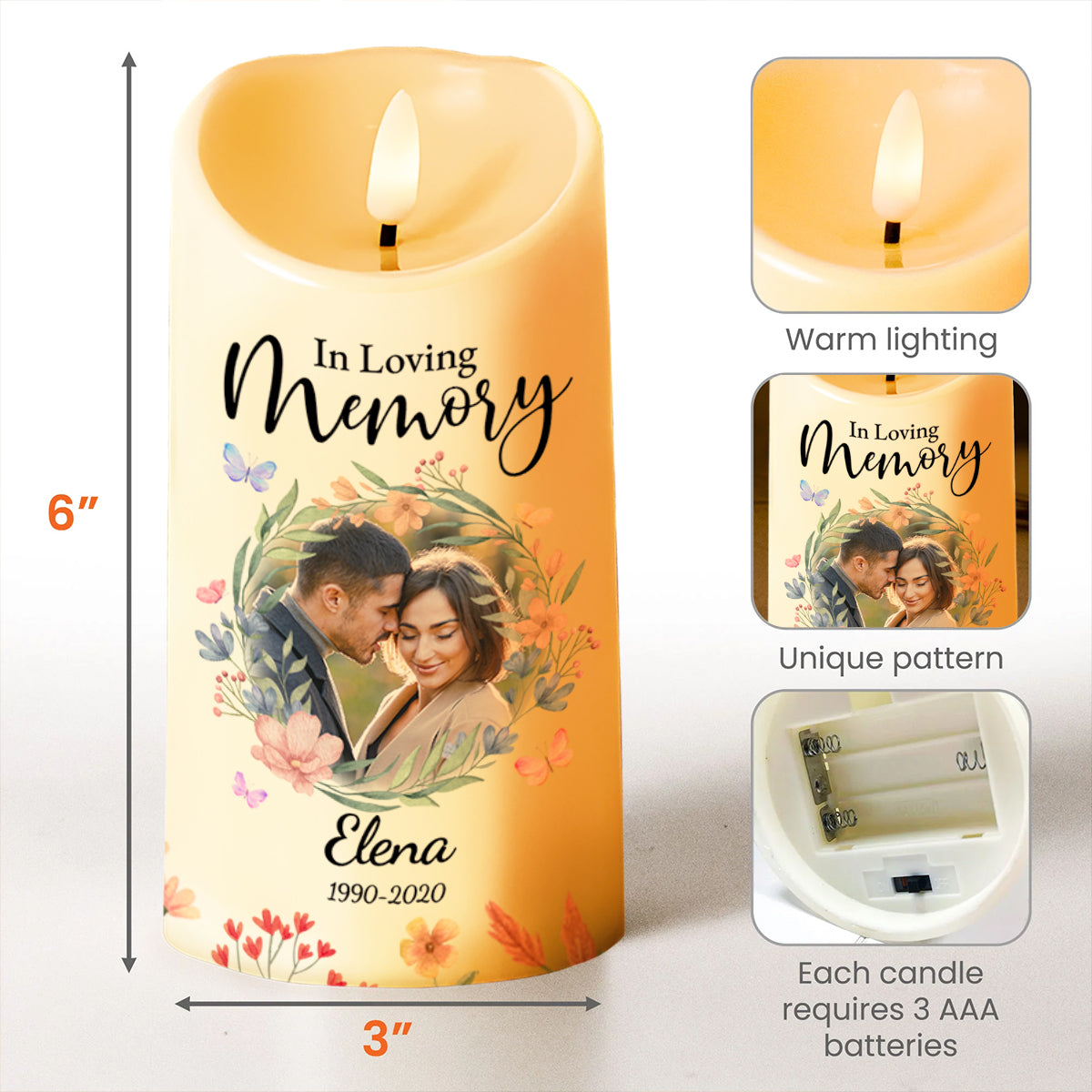 Heaven Is Beautiful, Loving Memory Tribute With Flowers - Personalized Custom LED Candle - WIF024_LECA
