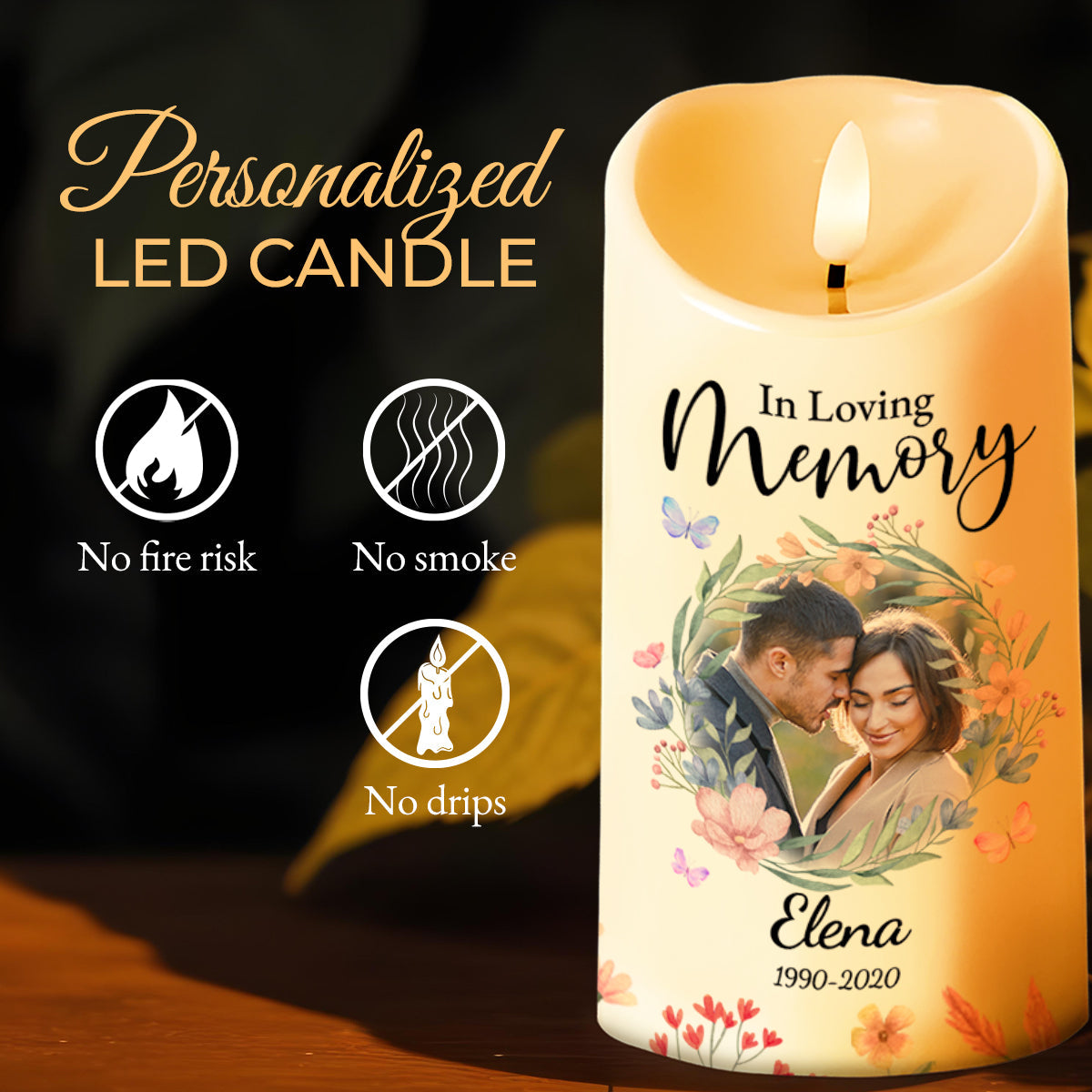 Heaven Is Beautiful, Loving Memory Tribute With Flowers - Personalized Custom LED Candle - WIF024_LECA