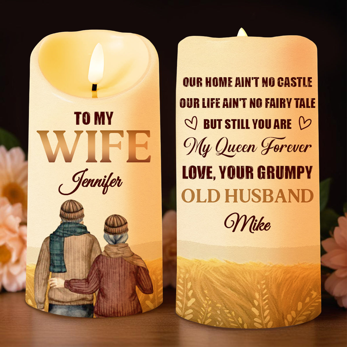 Queen Forever Love Message, Romantic Couple Over Field Design - Personalized Custom LED Candle - WIF033_LECA