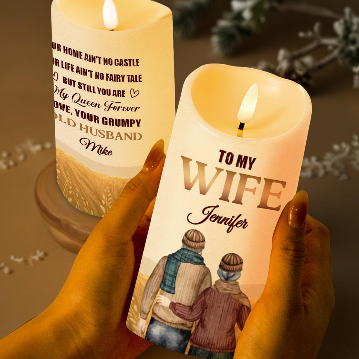 Queen Forever Love Message, Romantic Couple Over Field Design - Personalized Custom LED Candle - WIF033_LECA