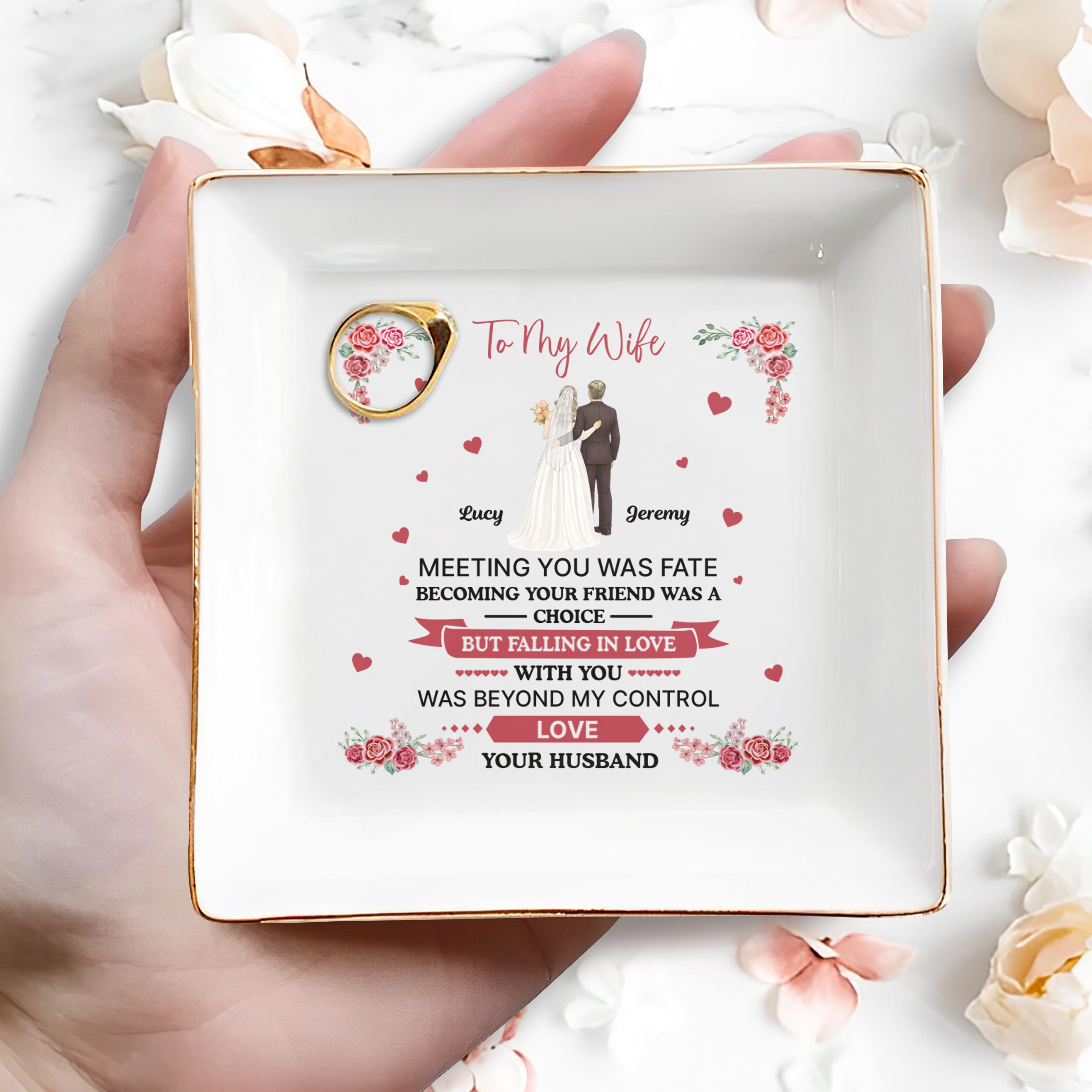 To My Wife, Flowers And Hearts, Love Beyond Control - Personalized Custom Jewelry Dish, Square Ceramic Dish - WIF055_SCRD