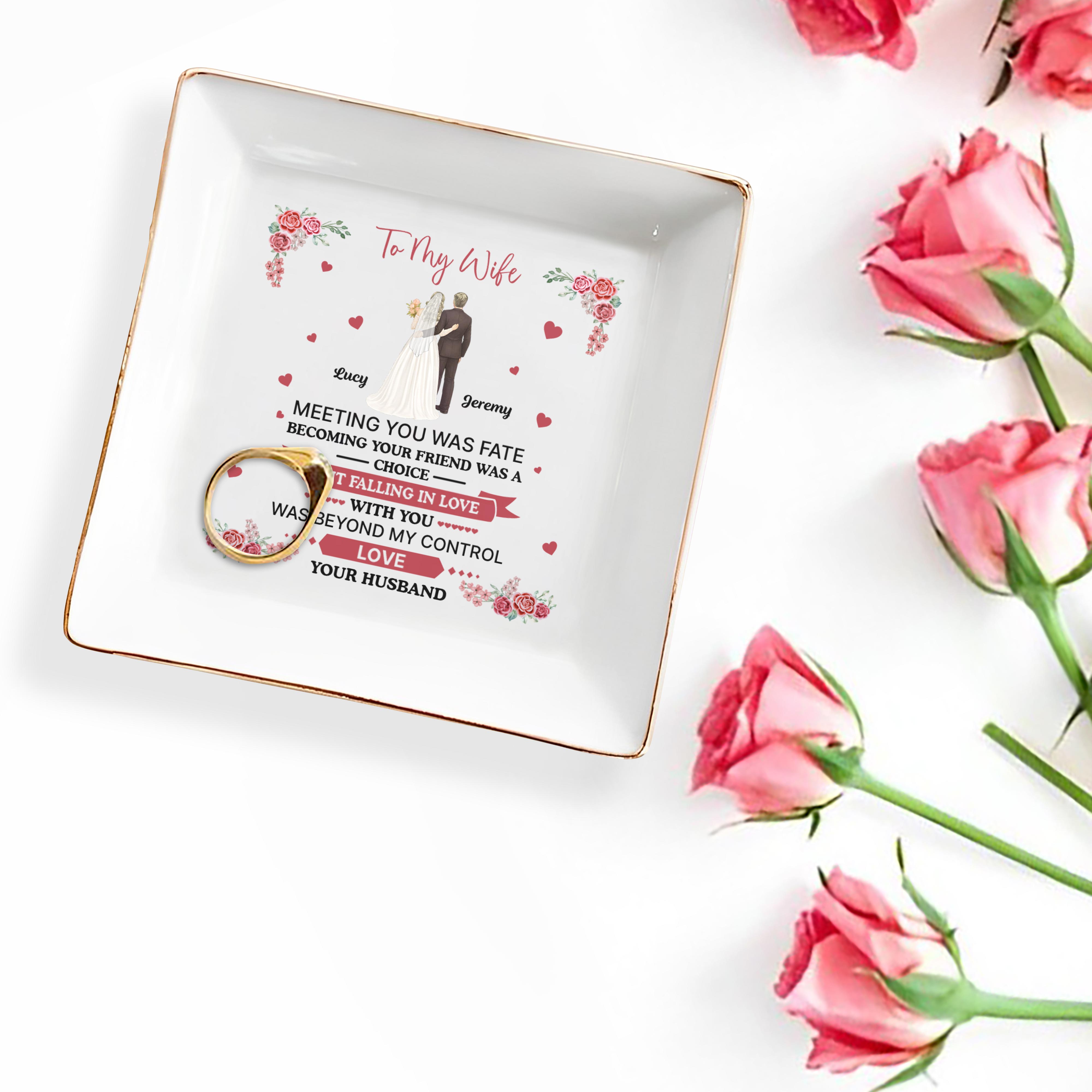 To My Wife, Flowers And Hearts, Love Beyond Control - Personalized Custom Jewelry Dish, Square Ceramic Dish - WIF055_SCRD