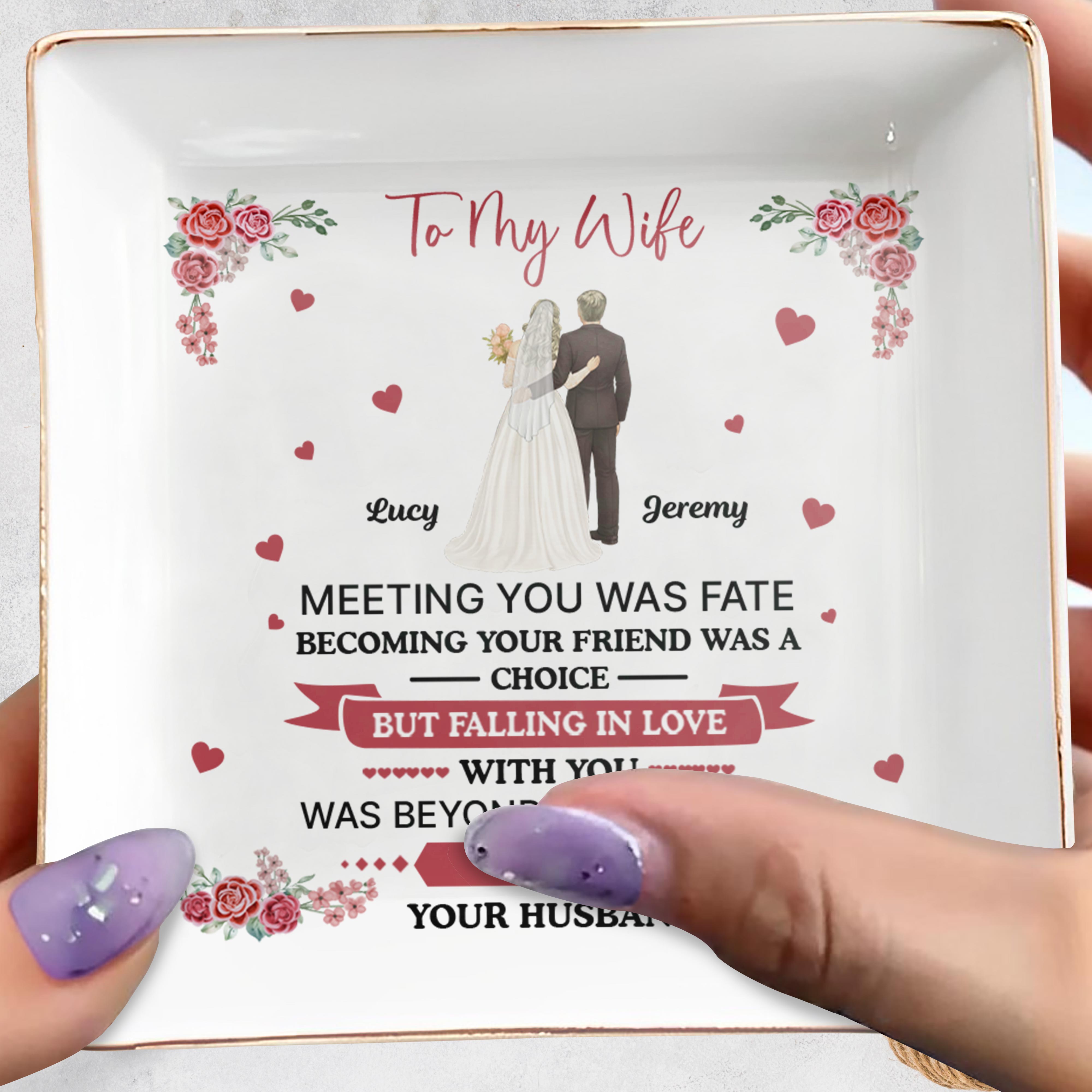 To My Wife, Flowers And Hearts, Love Beyond Control - Personalized Custom Jewelry Dish, Square Ceramic Dish - WIF055_SCRD