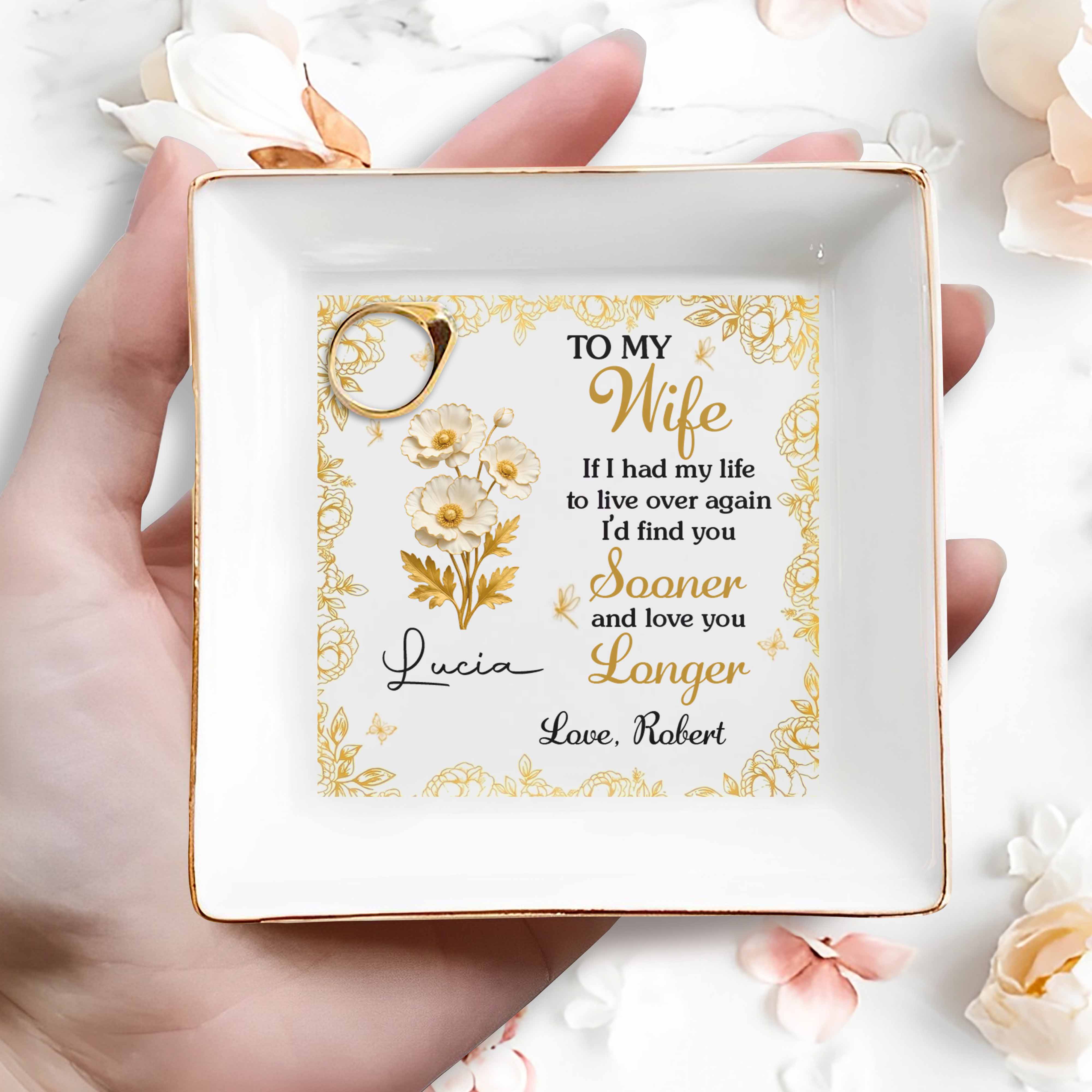 To My Wife, Flowers And Gold Leaves Jewelry Dish - Personalized Custom Jewelry Dish, Square Ceramic Dish - WIF065_SCRD
