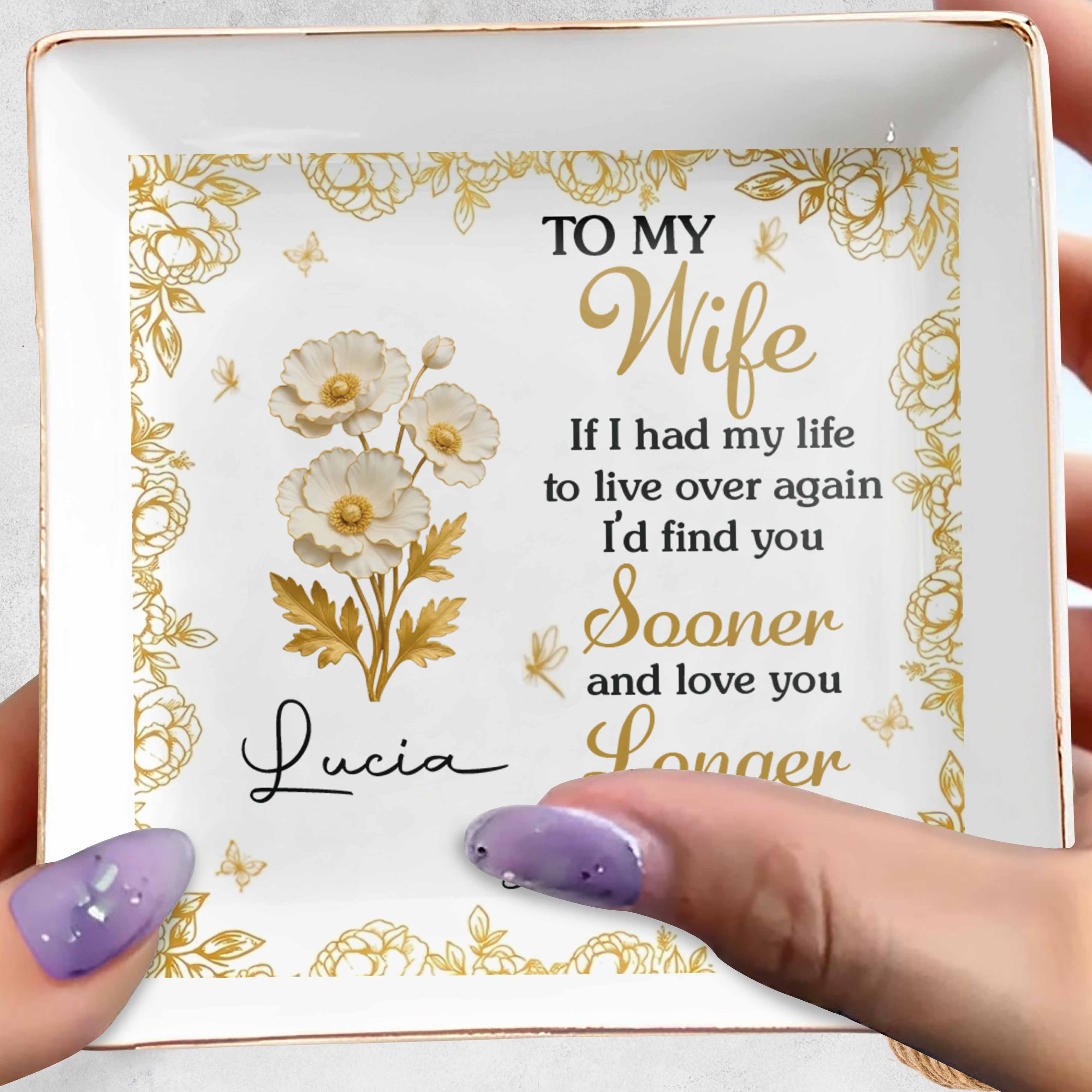 To My Wife, Flowers And Gold Leaves Jewelry Dish - Personalized Custom Jewelry Dish, Square Ceramic Dish - WIF065_SCRD