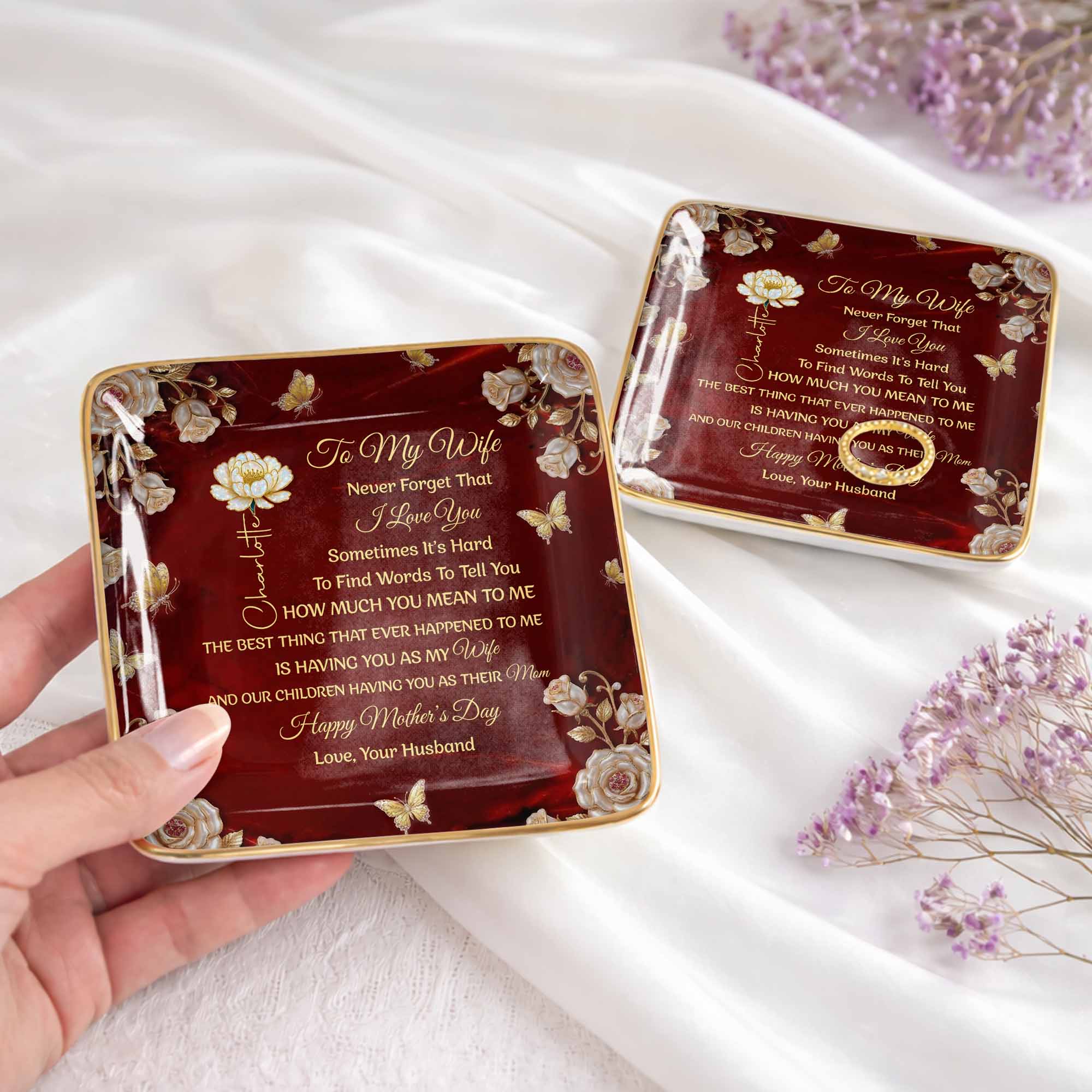 To My Wife Never Forget That I Love You Birth Month Flowers Butterfly - Personalized Custom Jewelry Dish, Ceramic Dish, Square Shape - WIF071_SCRF