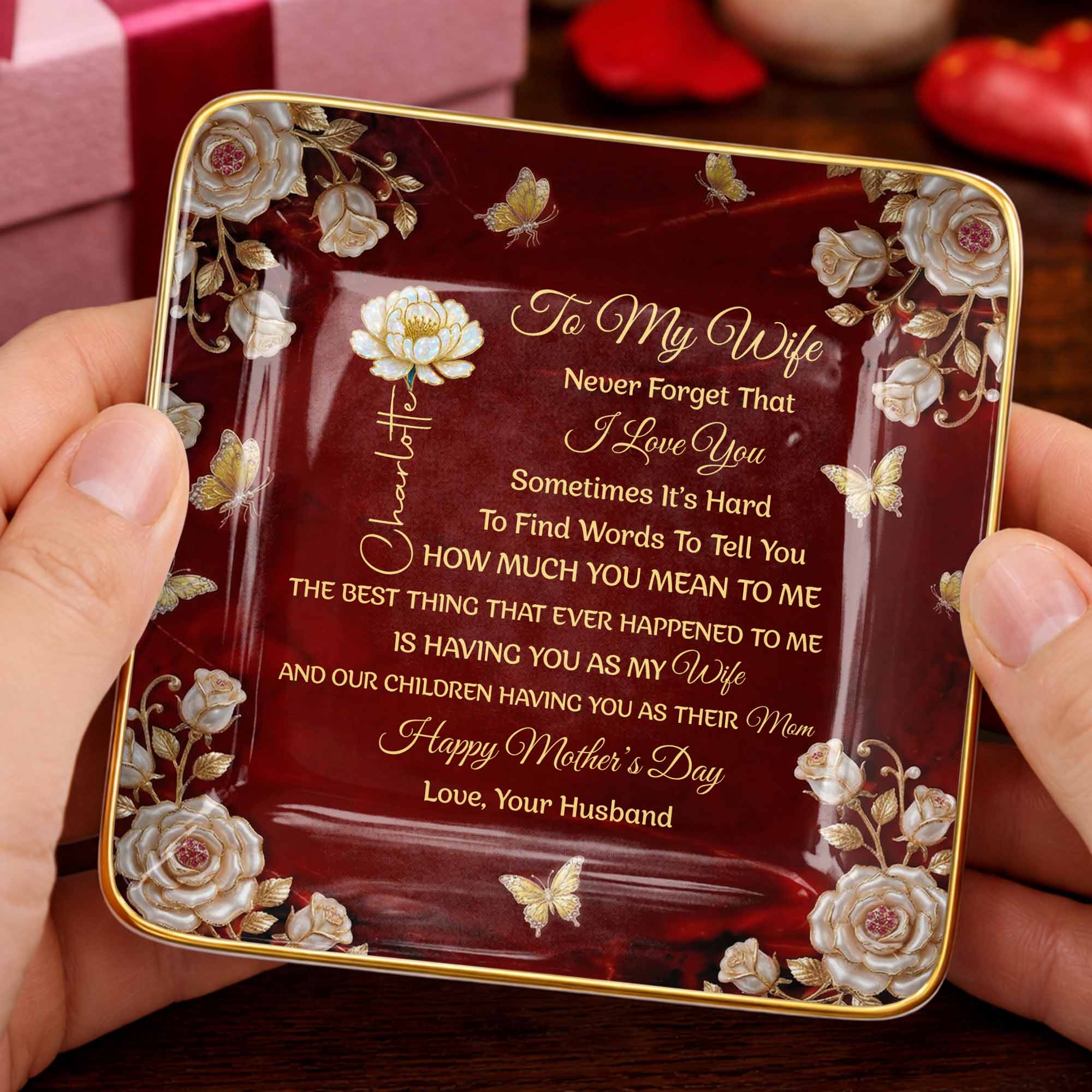 To My Wife Never Forget That I Love You Birth Month Flowers Butterfly - Personalized Custom Jewelry Dish, Ceramic Dish, Square Shape - WIF071_SCRF